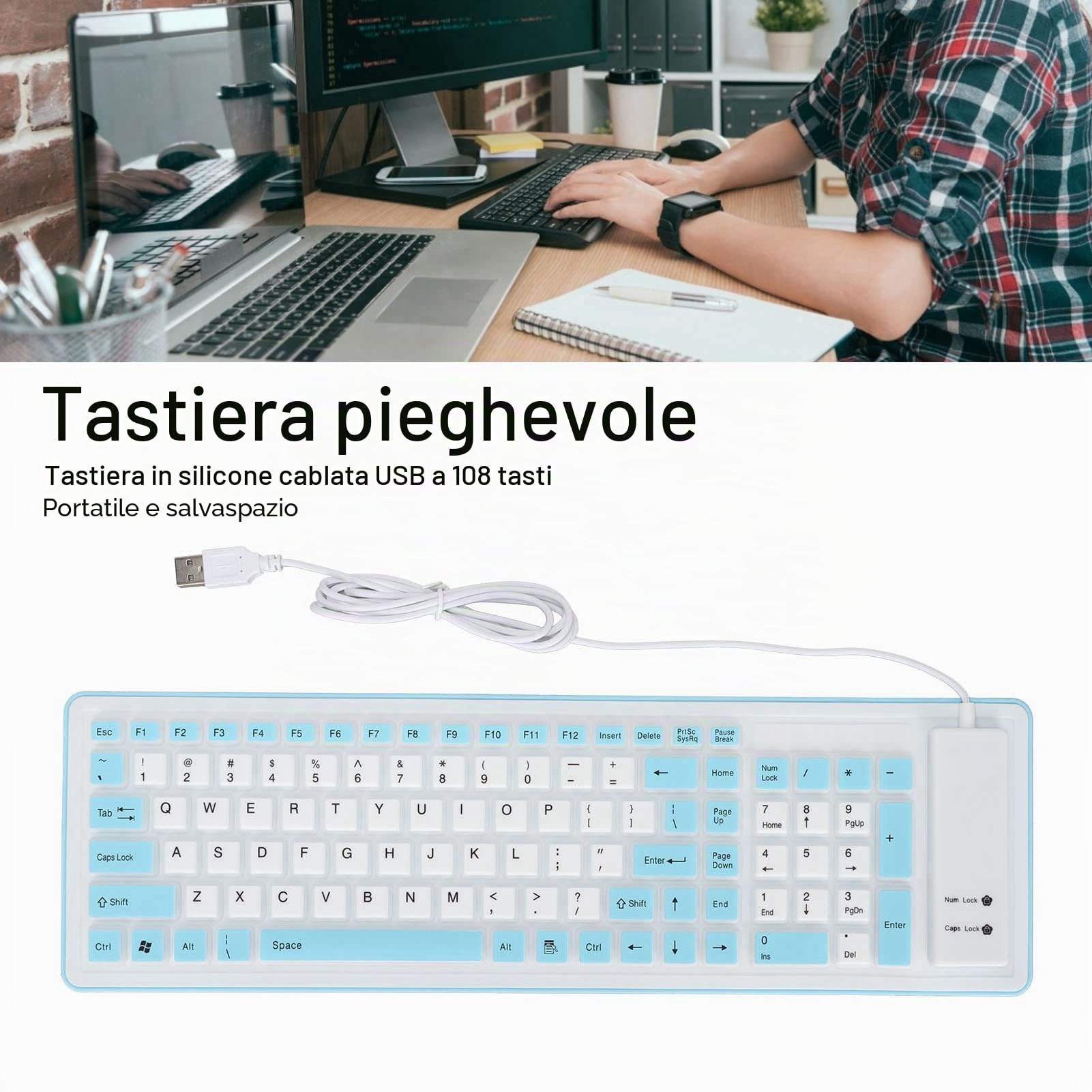 Tastiera pieghevole in silicone tastiera retrattile flessibile, 103 tasti impermeabile, antipolvere, cavo USB, silenziosa, tastiera touch morbida per notebook PC laptop (blu)