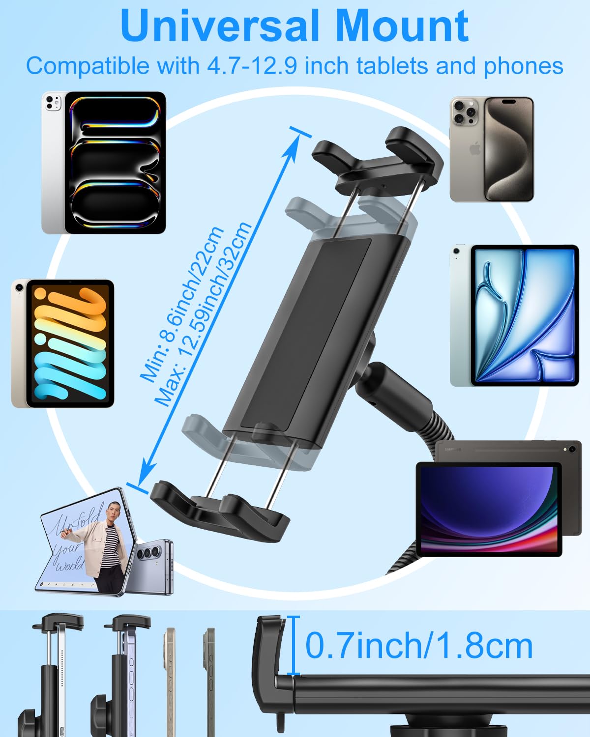Supporto Tablet a Collo D'oca per Bici, Tapis Roulant, Spinning Peloton, Ellittica, Passeggino, Supporto Tablet Motociclo, Compatibile iPad Pro Air Mini, Galaxy Tab, 4,7-13", Tablet