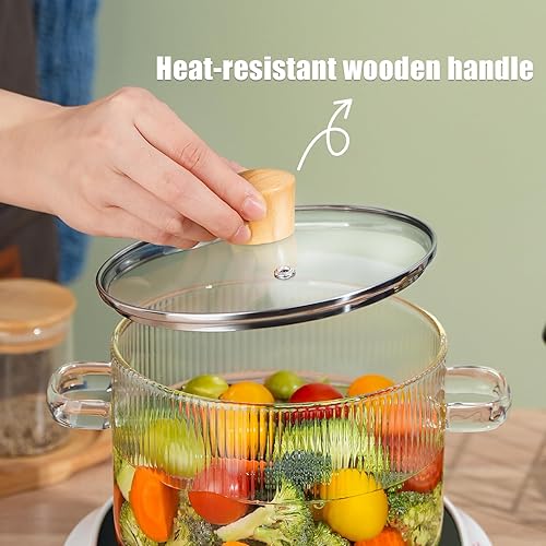 Miniatura 4 de NiHome Olla de vidrio de borosilicato transparente duradera con tapa, mango de madera resistente al calor y cepillo de limpieza, 63 oz1.8L para
