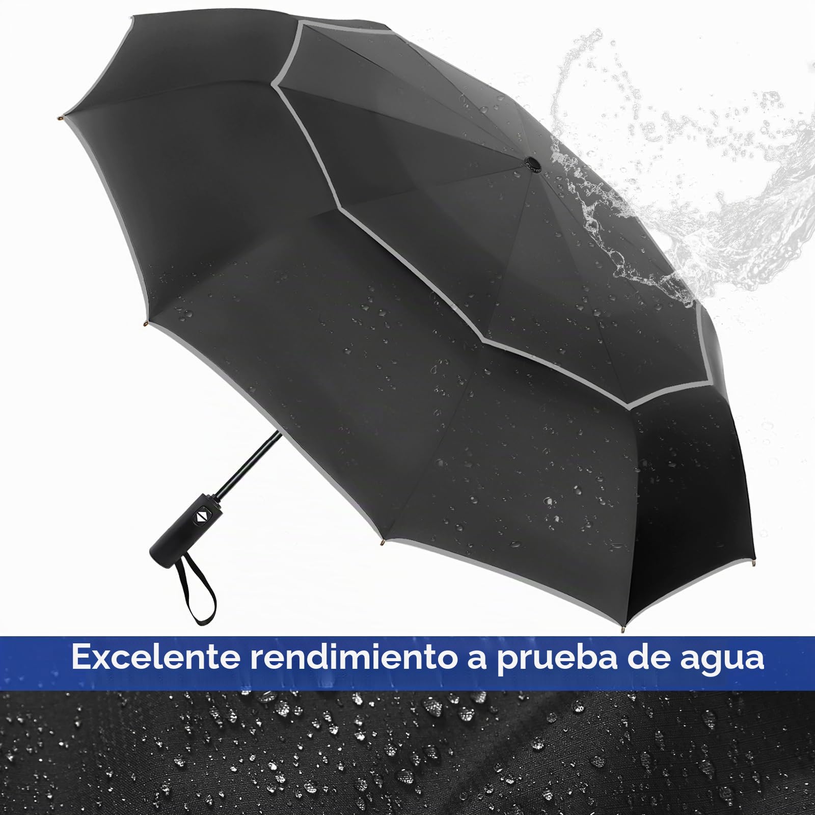 Satol Paraguas de golf automático, resistente al viento, con doble techo y 10 puntales de aluminio, paraguas plegable XXL (diámetro 137 – 157 cm) con bandas reflectantes, para lluvia y sol, negro y