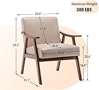 Vista 2 de Furnimart Silla decorativa beige, silla moderna de mitad de siglo para sala de estar con estructura de madera, silla de alas cómoda para oficina