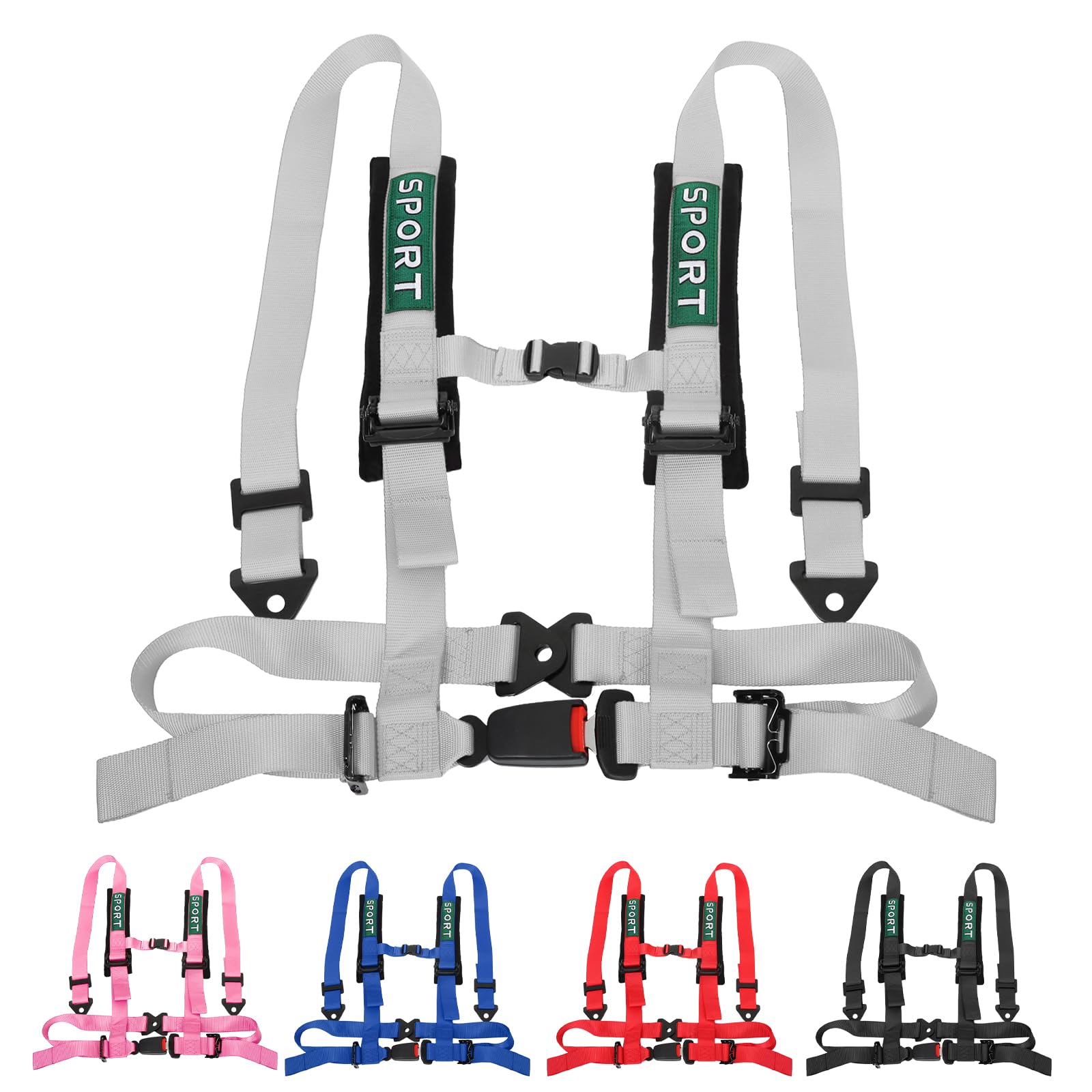 Harnais de course à 4 points avec rembourrage boucle robuste de 5,1 cm, harnais universel réglable à 4 points pour adultes, facile à installer, argenté