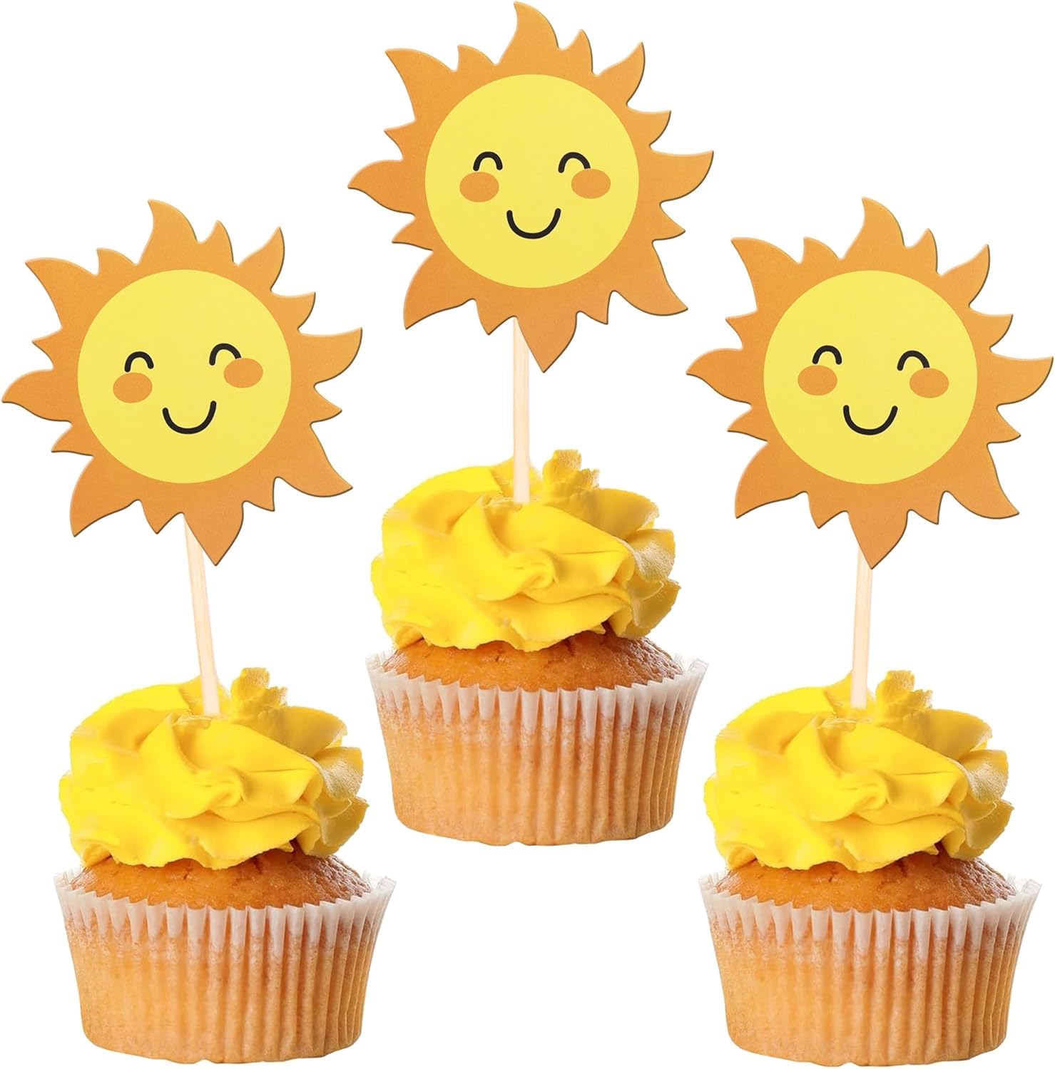 SYKYCTCY 36 Pack Sun Cupcake Toppers Double Sided Sun Flower Smile Face Cupcake Picks SunShine Cupcake Decorations for Sun Theme Baby Shower Kids Boys Girls Birthday Party Cake Decorations Supplies