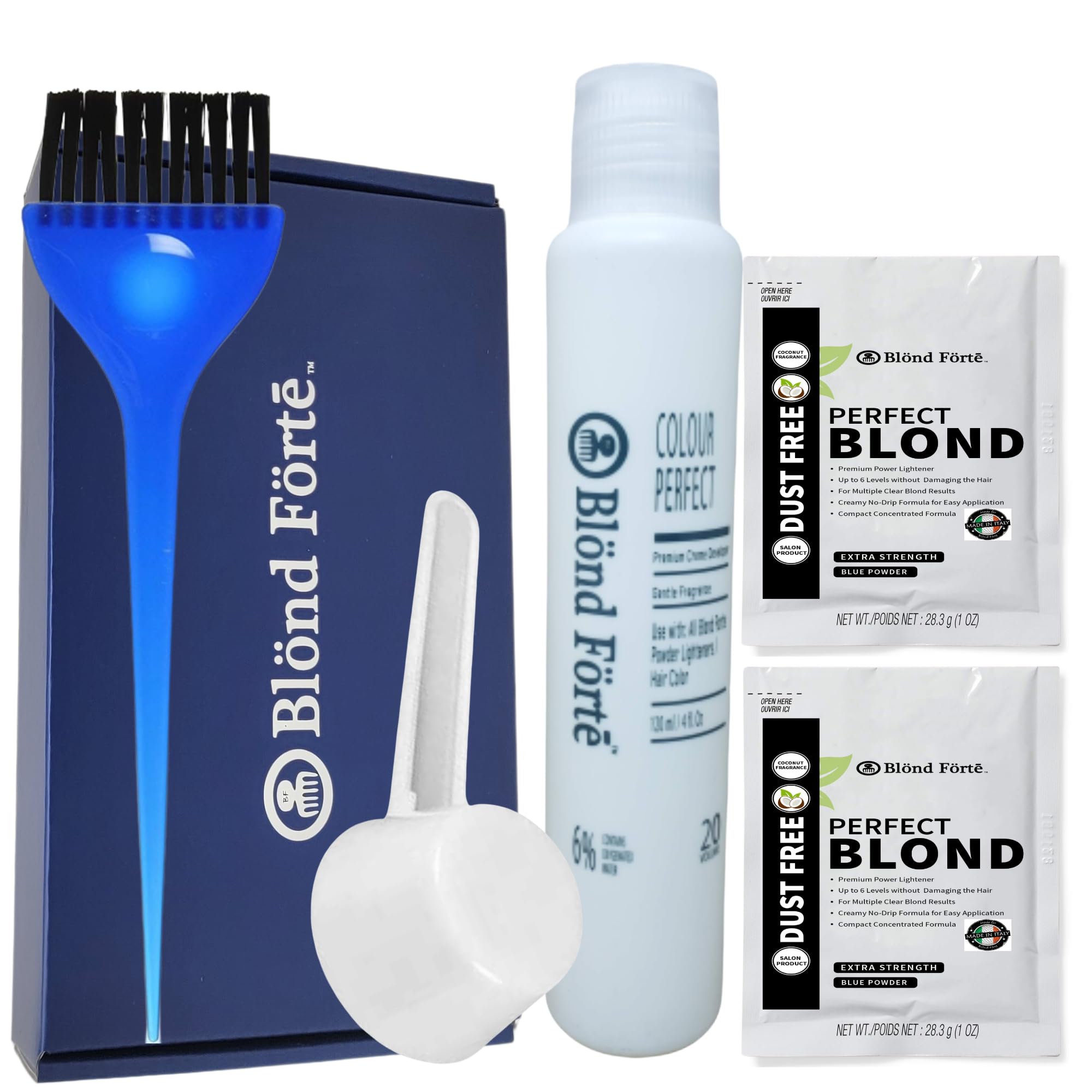 Perfect Blond Hair Dye Toner Lightener Bleaching Powder Kit 120 ml 30 Vol Developer & Brush Glove - By Blond Forte (White Lightener)