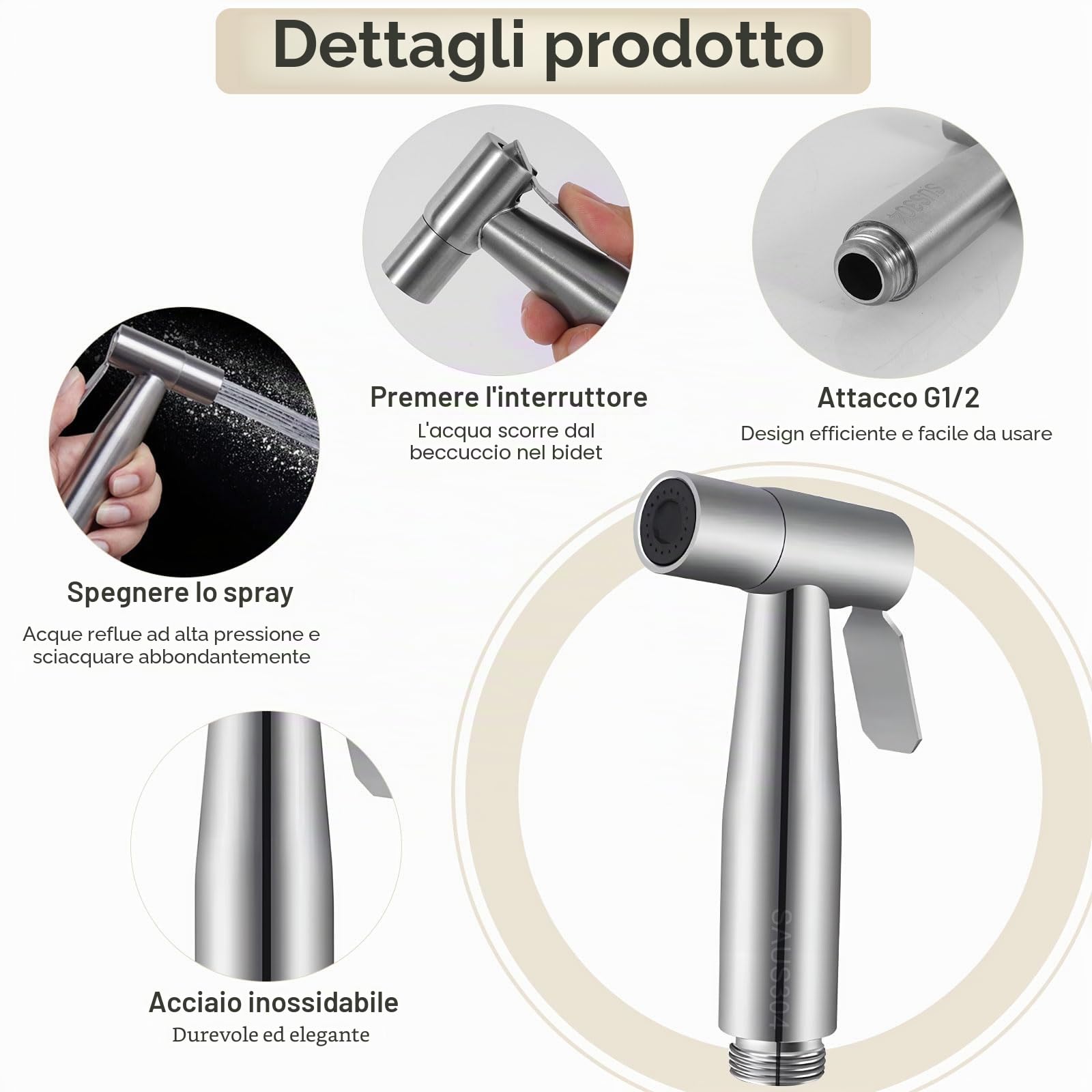 Doccetta Bidet Acciaio Inossidabile con 1.5M Tubo Flessibile e Staffa a Muro, Bidets Doccia a Mano in Acciaio Inox, Stoffa Portatile Spruzzatore Kit, Bidet Tenuto in Mano Kit per L'Igiene Personale
