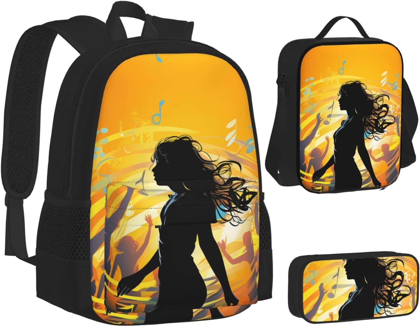 Dance Music Backpack with Lunch Box and Pencil Case Set Large Capacity Casual Daypack Travel Backpack Rucksack