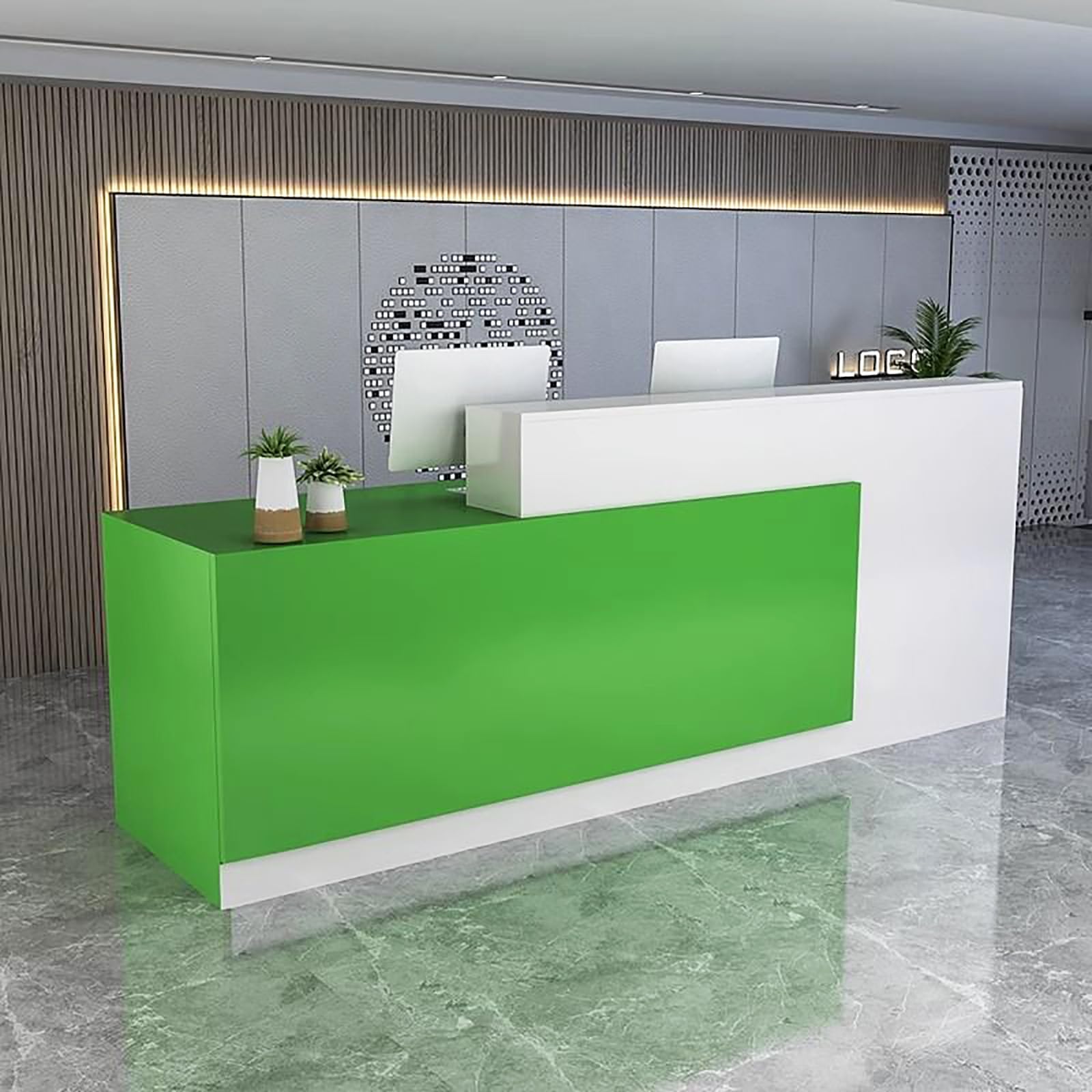 Moderno escritorio de recepción de 120 cm de ancho, mostrador de madera con cerradura para oficina, negocios, salón de belleza, vestíbulo, elegante acabado blanco y verde, duradero y funcional