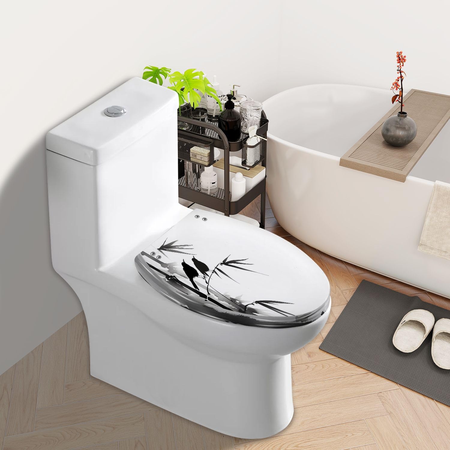 Sedile WC Allungato In Resina Effetto Bambù con Geroglifico E Hua E Due Merli, Chiusura Lenta E Silenziosa, Sgancio Rapido, Facile Da Pulire E Installare.