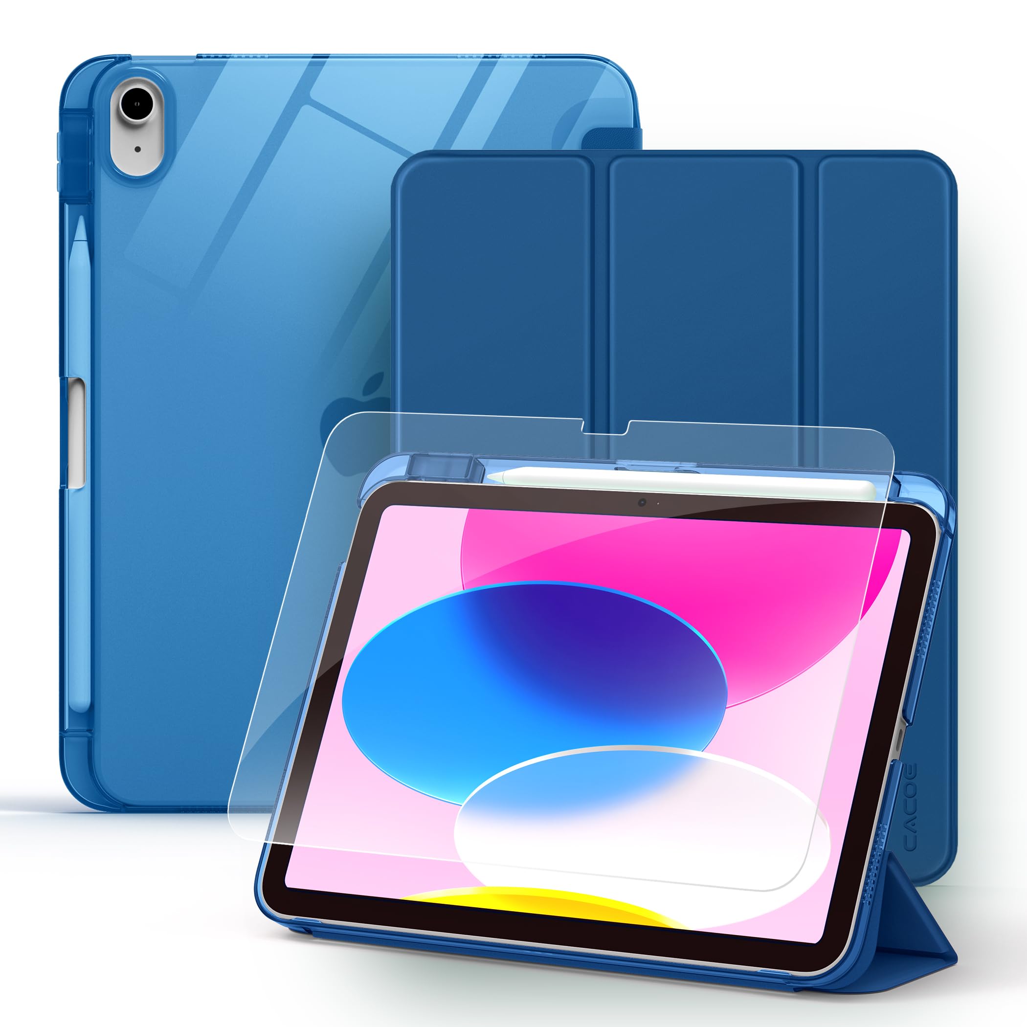 CACOE Hülle für iPad 11. Generation (A16) 2025, iPad 10. Generation 2022 mit Stifthalter & Schutzfolie, Ultradünne Leichte Schutzhülle mit PC Transluzenter Rückseite, Auto Schlafen/Wachen, Meeresblau