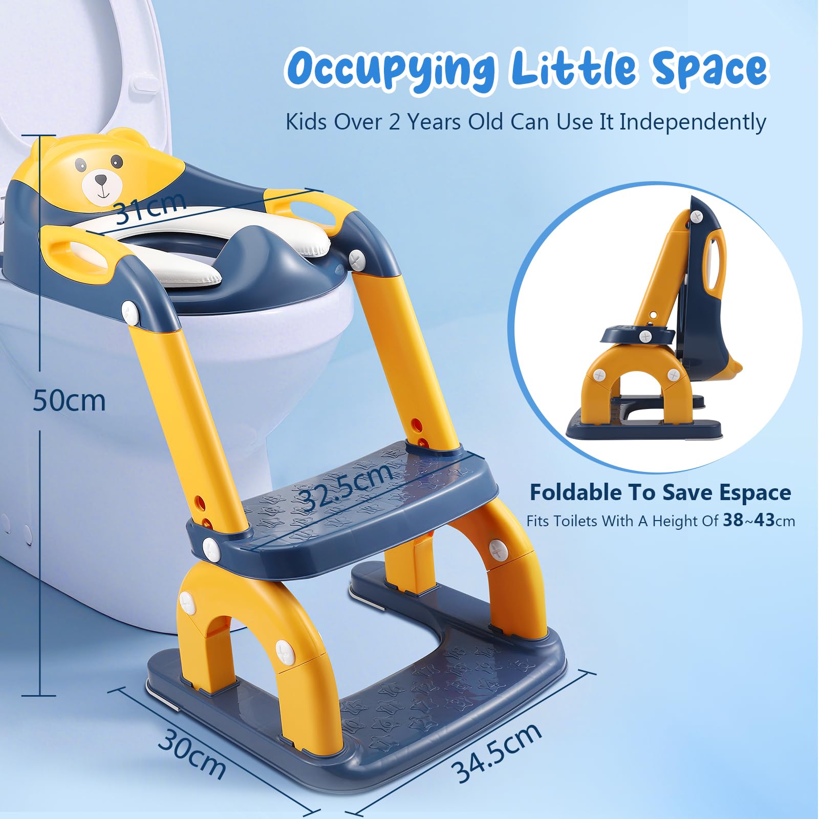 Riduttore WC Bambini Con Scaletta Pieghevole 2 In 1 - Sedile Imbottito Antiscivolo Per 1-7 Anni