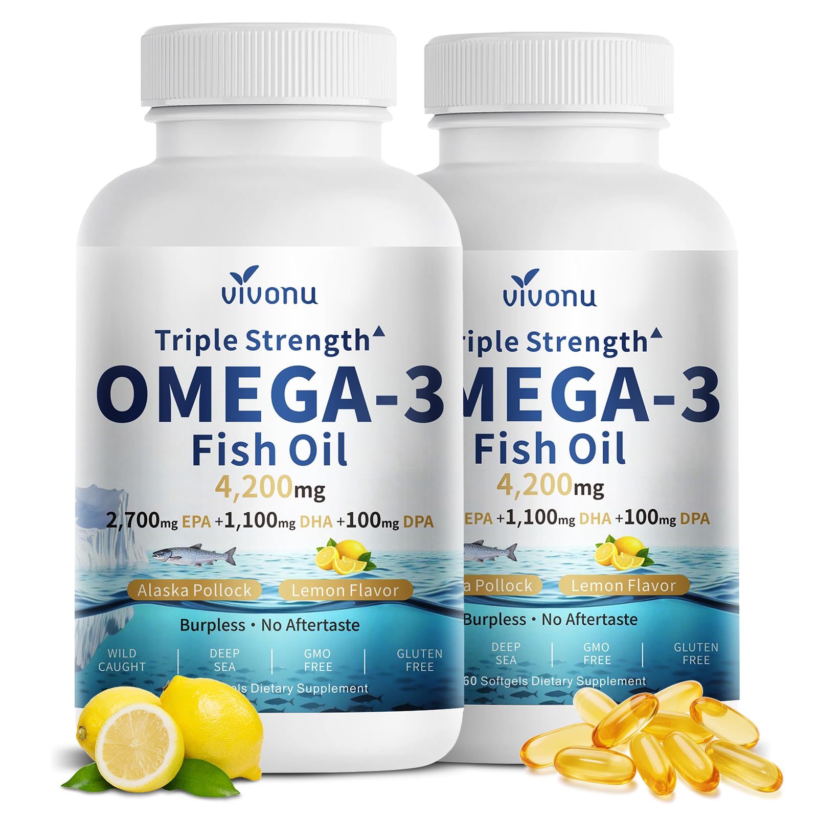VivoNu Omega 3 Weichkapseln - 720 Kapseln - 4200mg Fischöl mit 3900mg Omega-3, 2700mg EPA, 1100mg DHA & 100mg DPA pro Portion - aus nachhaltigem Fischfang