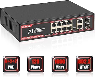 12 Ports PoE Switch,8 PoE Ports Gigabit Network Switch+2 Ports Gigabit Uplink+2 SFP Slot,Unmanaged Ethernet Switch with 120W AI Detection,802.3af/at Compliant |Fanless Design |Plug & Play