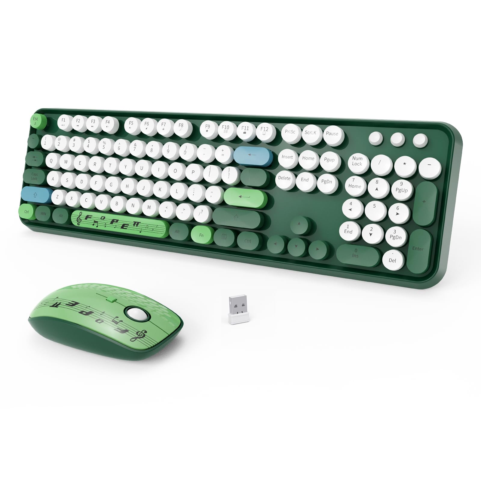 Wireless Keyboard Mouse Combo,Retro Typewriter Keyboard with Round Keycaps,2.4G Wireless Full Size Cute Keyboard and Silent Mouse with 3 DPI for PC Mac Laptop Desktop Tablet Computer-Green Colorful