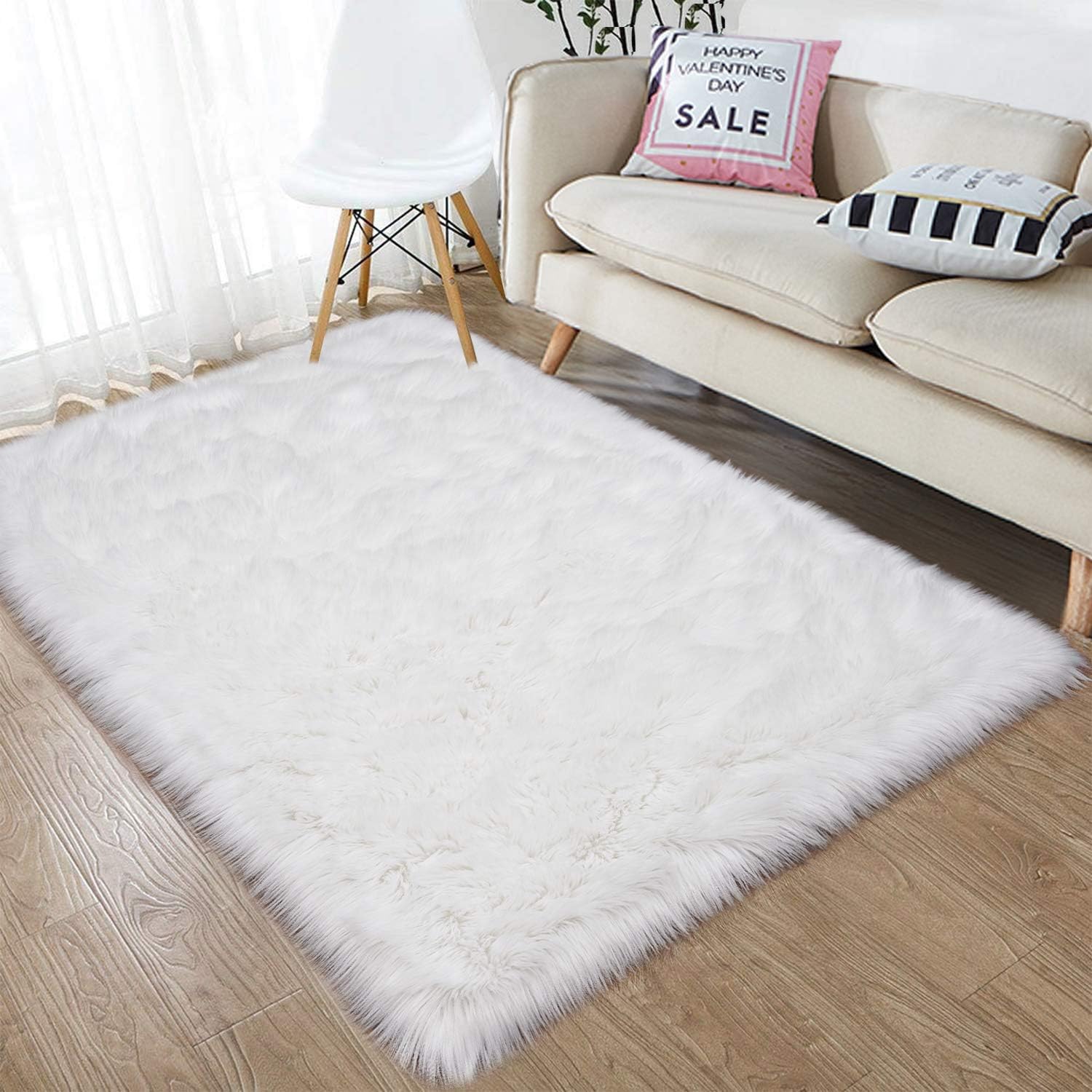 junovo Luxury Fluffy Area Rugs Furry Rug for Bedroom Faux Fur Sheepskin Nursery Rugs Fur Carpet for Kids Room Living Room Home Decor Floor Mat, Rectangle 3ft x 5ft White