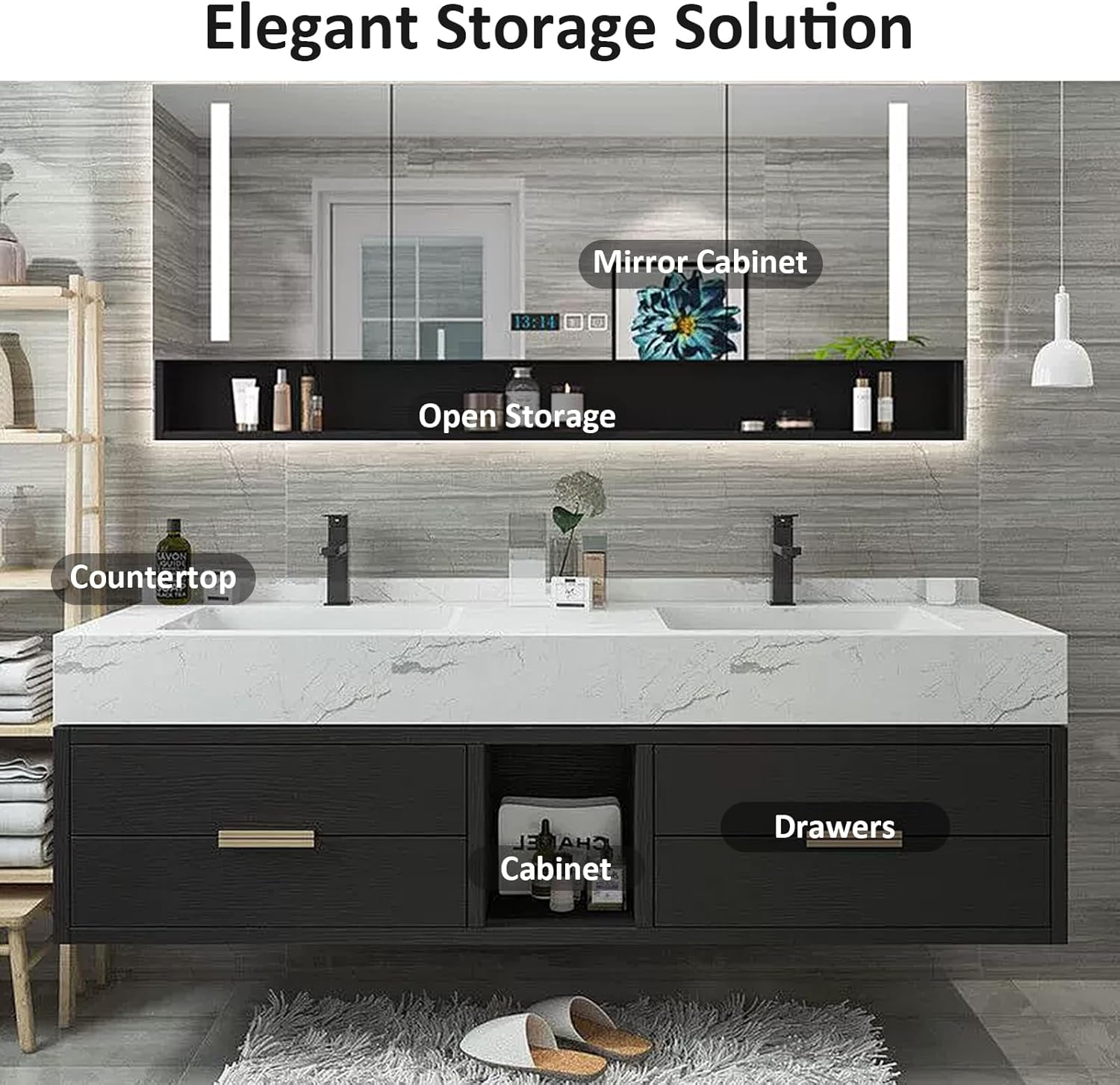 Bathroom Vanity with Double Sink - 60IN Bathroom Vanity with One - Button Defogging & Human Body Sensor Light | 4 Drawers & LED Light & Black