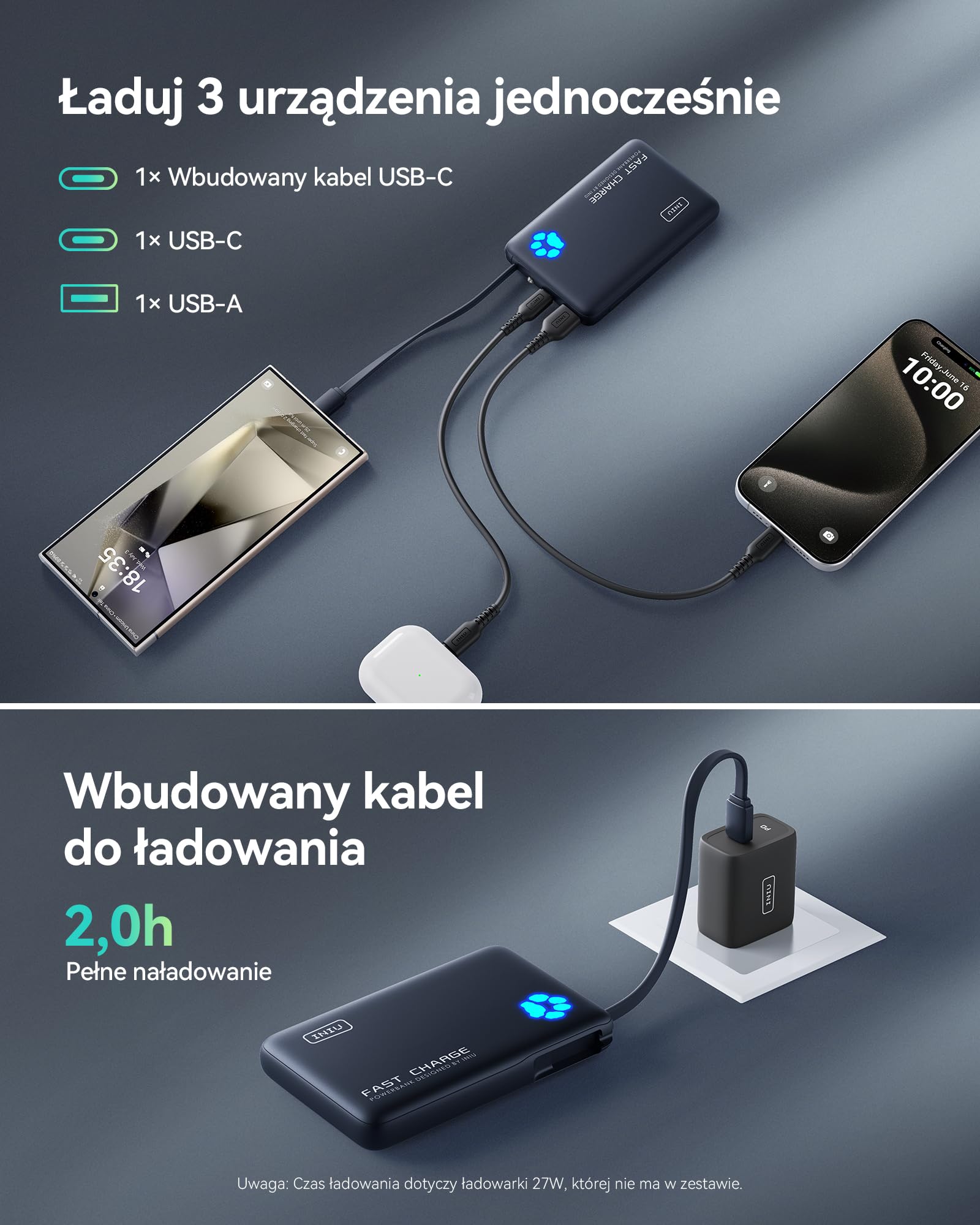 INIU Mini Power Bank 45W 10000 mAh ze Zintegrowanym Kablem USB-C, PD3.0 QC4.0 USB C In&Out, Mała, Ale Potężna Zewnętrzna Bateria do Telefonu Komórkowego z iPhone 16 15 14 13 12 Pro Max Mini iPad itp.