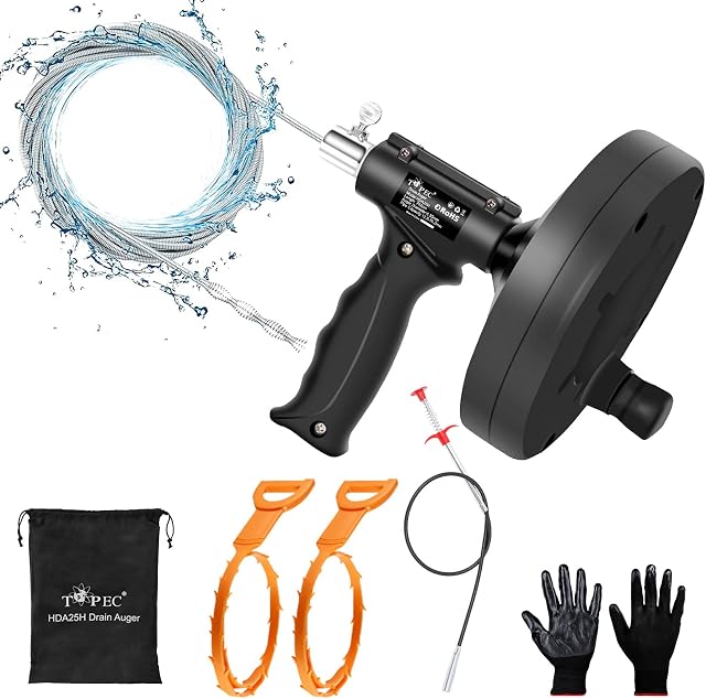 Topec 6 in 1 Snake Drain Auger 7.62M, Professional Sink Snake Hair Clog Remover Heavy Duty Pipe Snake for Bathtub Drain, Bathroom Sink, Kitchen and Shower, Snake Drain Cleaner with Gloves