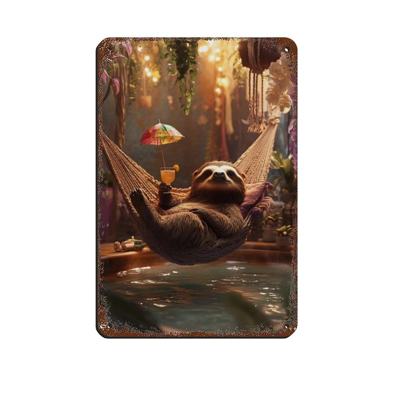 Lxwnze 20L X 30W Cm Relaxing Sloth, Cute Sloth Hammock Tin Sign Vintage Metal Pub Club Cafe Bar Home Wall Art Decoration Poster Retro 8X12inch(20X30cm)