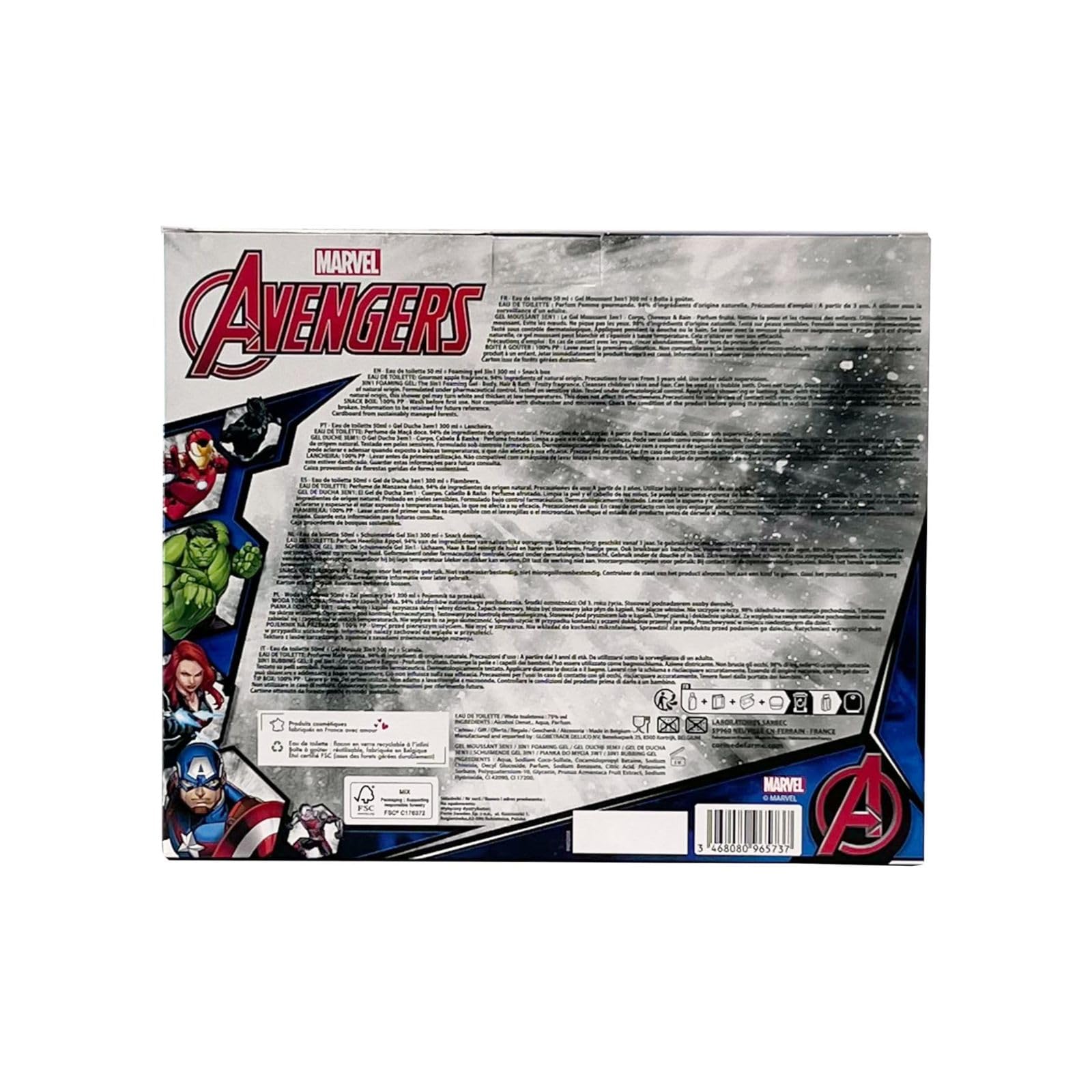 Corine de Farme - Avengers Set mit Eau de Toilette 50 ml, Schaumbad 300 ml und Brotdose – Geschenk für Jungen – Duft für Kinder, Duft Apfel Gourmande – Fruchtiges Gel 3-in-1