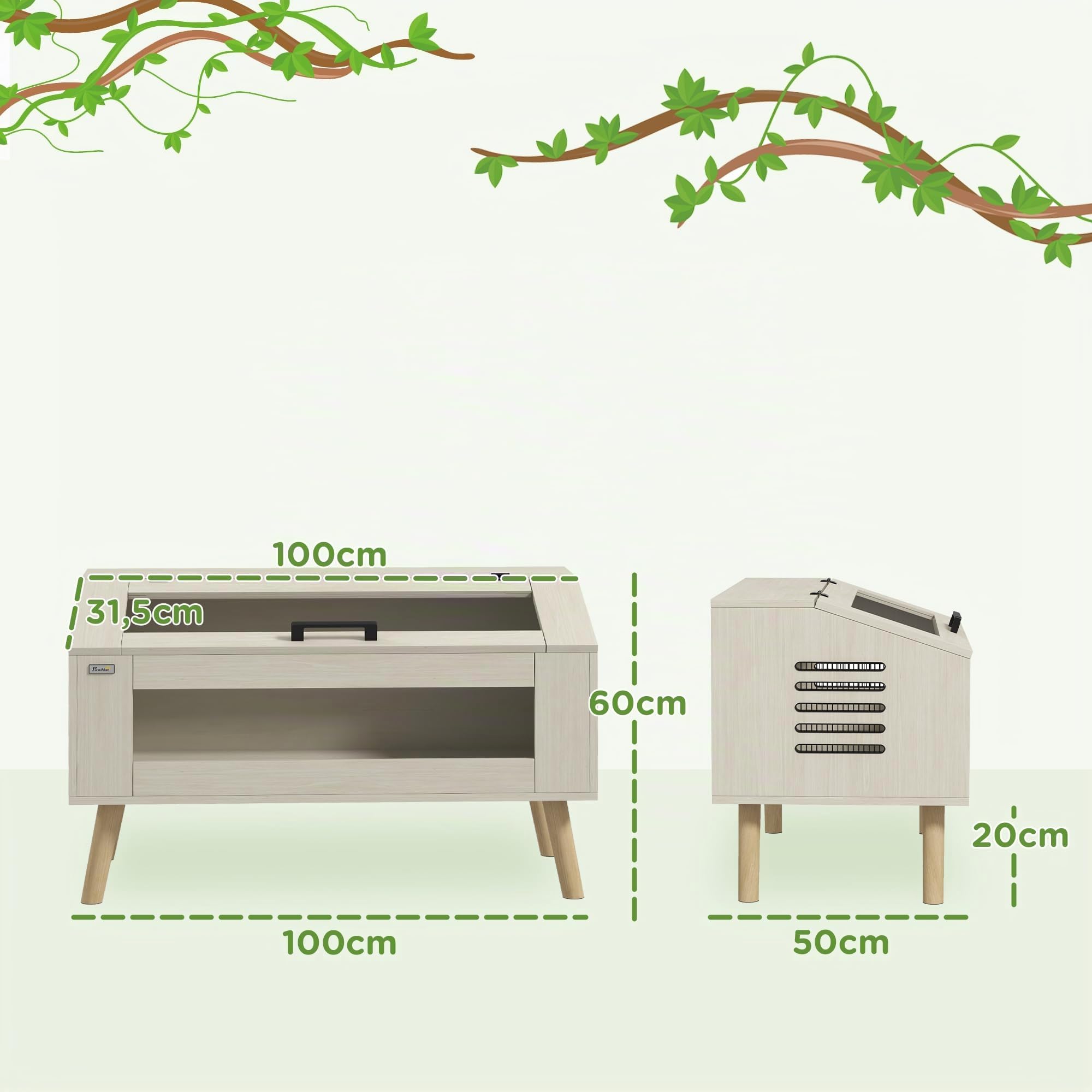 Terrario per rettili PawHut, cassetta di alimentazione per rettili 140L con finestre in vetro temperato, coperchio, zampe, cassetta di allevamento per rettili per anfibi, ragno, quercia, 100 x 50 x 60