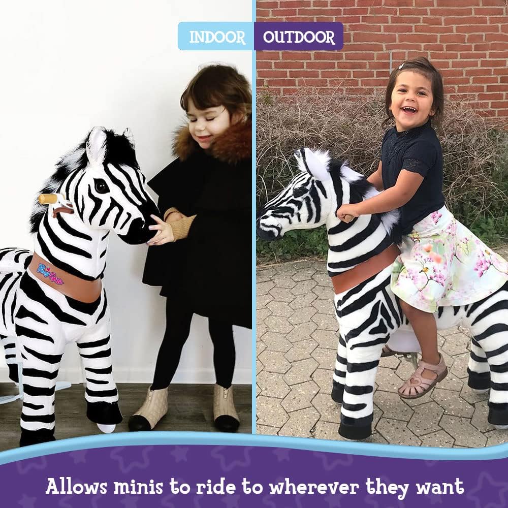 PonyCycle Official Ride-On Zebra No Battery No Electricity Mechanical Horse Toy Giddy up Pony Plush Walking Animal for Age 4-9 Years Medium Size - N4012