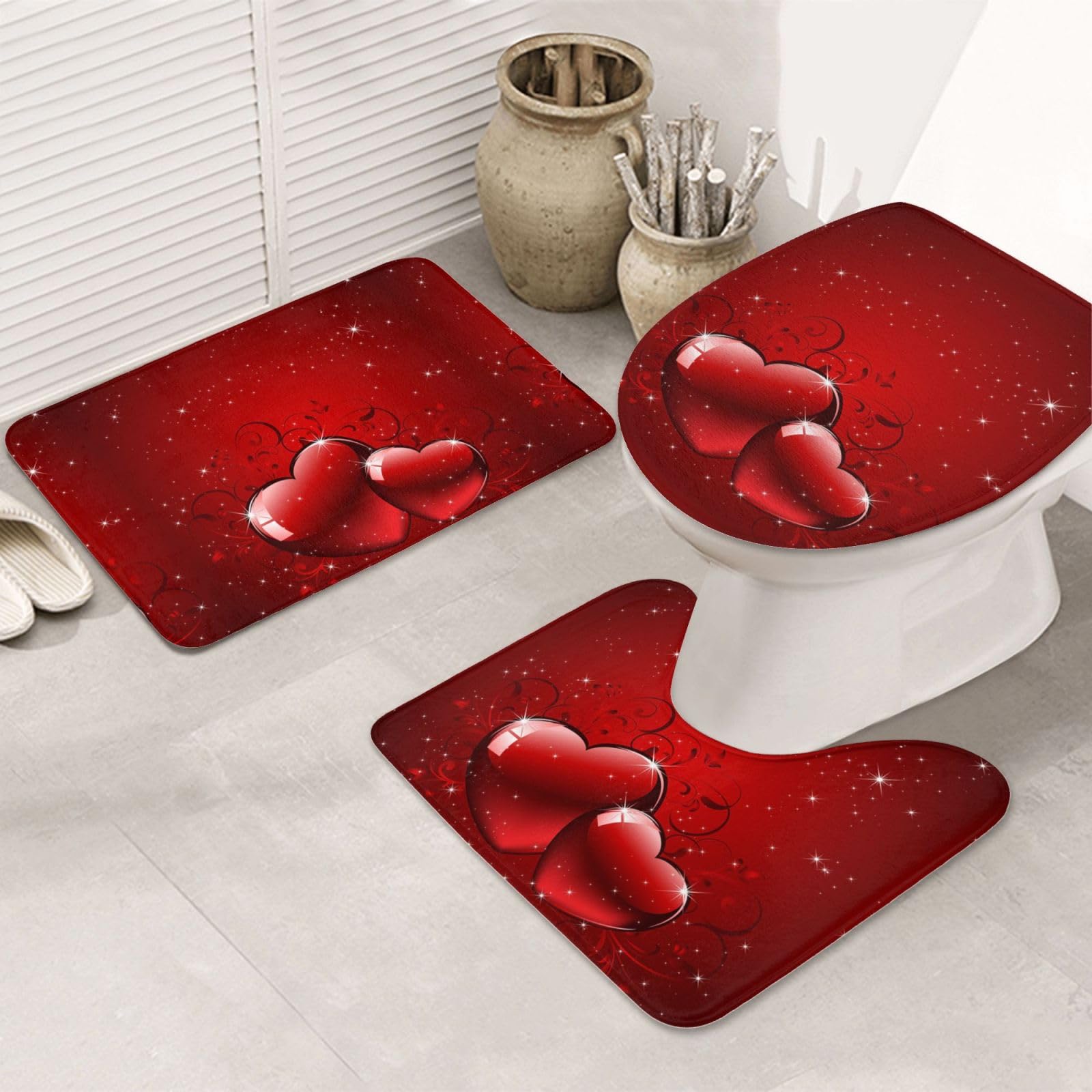 Tapis de bain 3 pièces Saint-Valentin lavables et absorbants avec coeurs pailletés imprimés