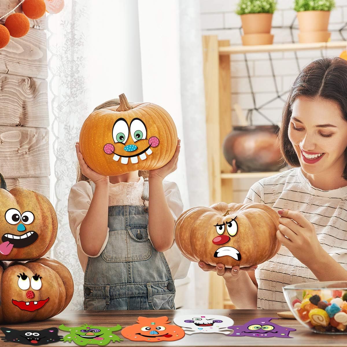 202PCS Halloween Pumpkin Foam Craft Kits with 20 Sets DIY Self-Adhesive Halloween Expressions Stickers for Kids Halloween Party Favors