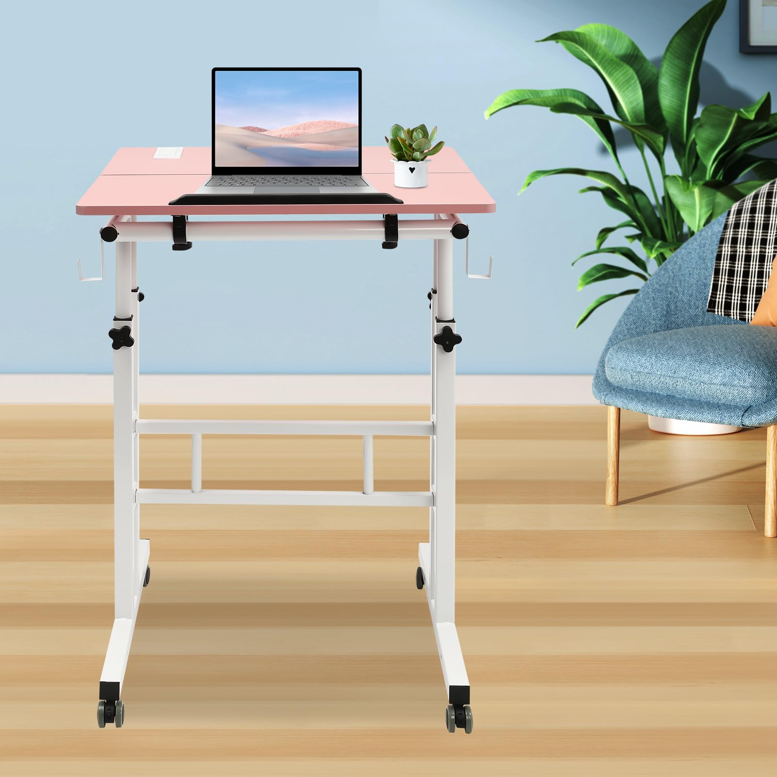 Mobile Stand Up Desk With USB Interfaces Socket Adjustable Standing Workstation With Wheels Home Office Sit Stand Rolling — view 4