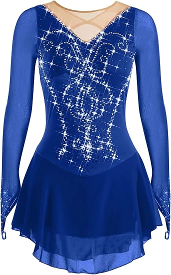 Figure Skating Dress, Girls Women Crew Neck Hook sleeves Ice Skating Performance Competition Wear Costume