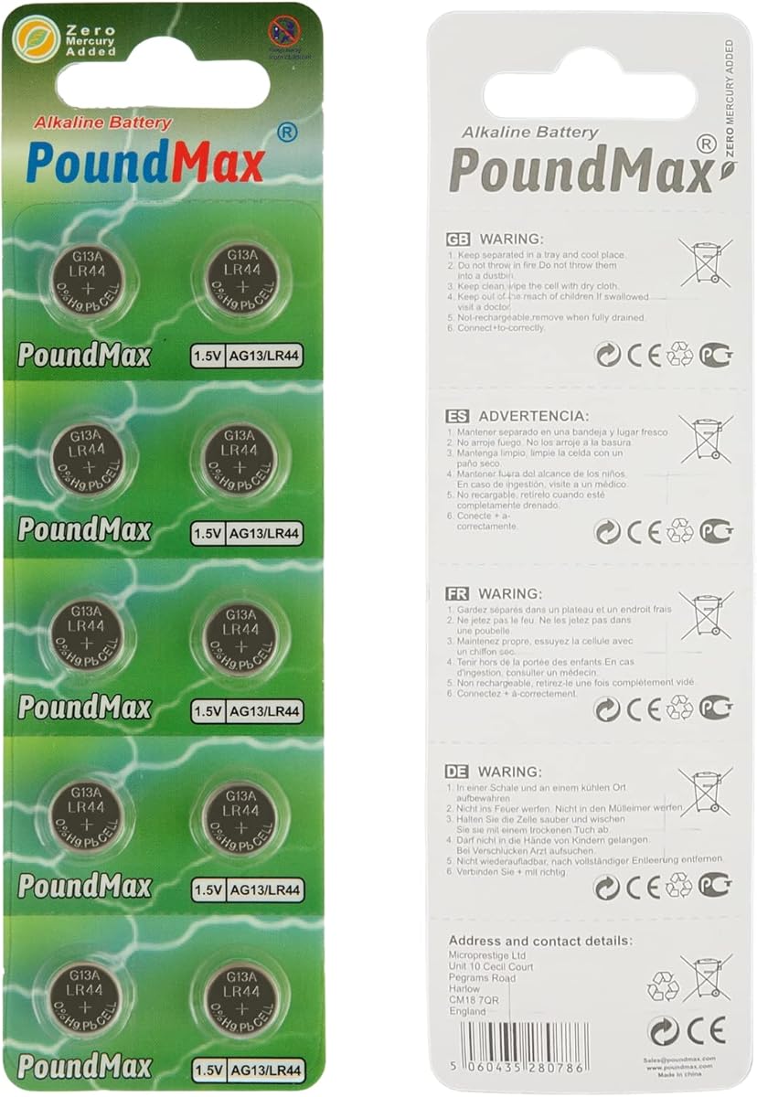 PoundMax 10 x AG13 LR44 1.5 V Alkaline Button Cell Battery