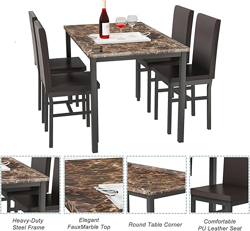 Miniatura 7 de Juego de 4 sillas de mesa de cocina, juego de mesa de comedor para 4 con mesa de mármol sintético y 4 sillas de piel sintética, juego de mesa de