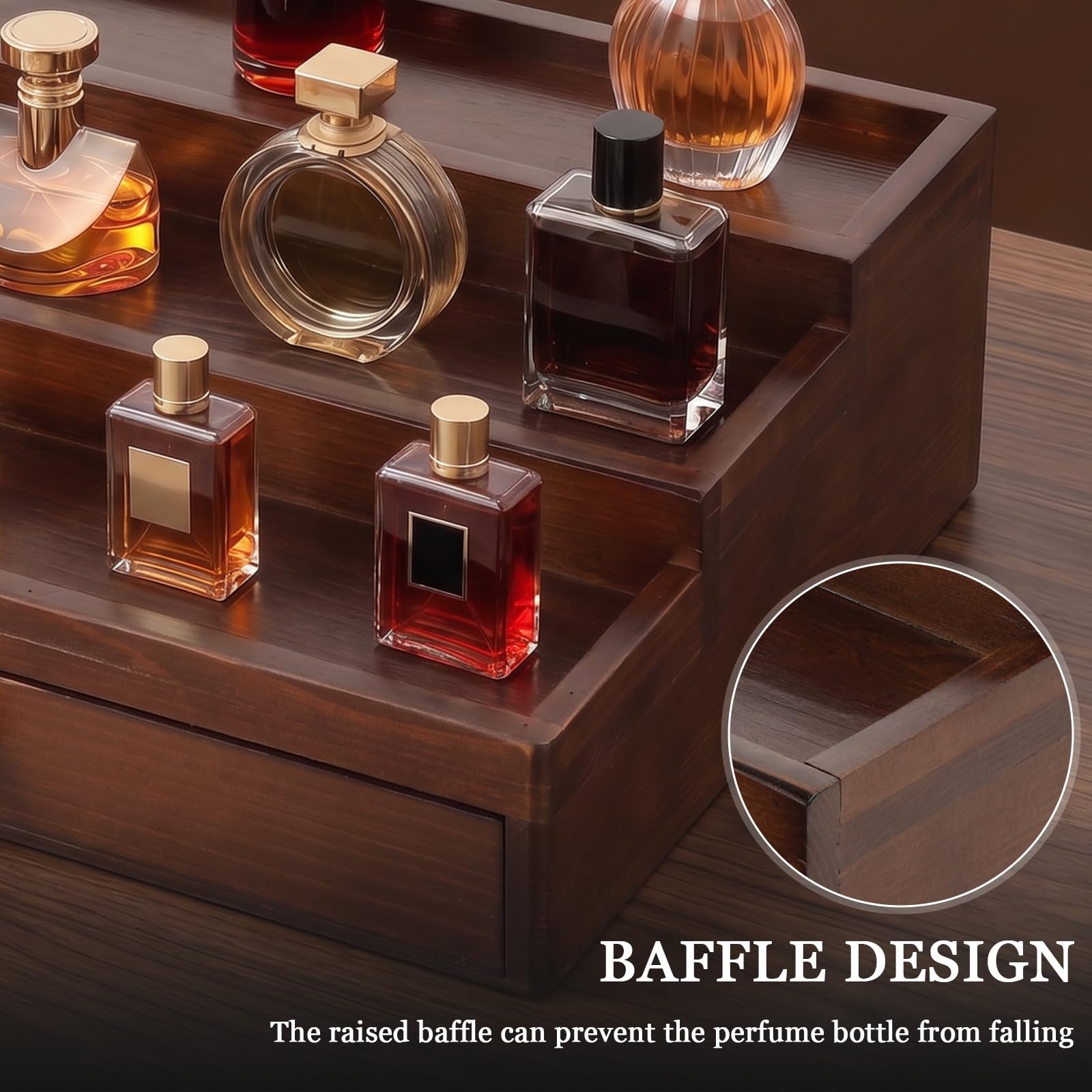 3 Tier Wooden Cologne Organizer with Drawer and Hidden Compartment