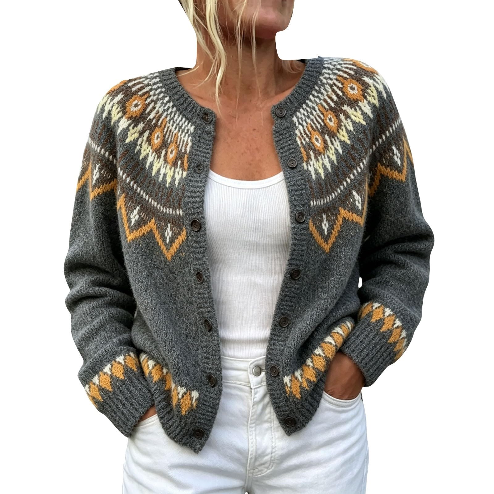 Cardigan da donna UK retrò stampa etnica maglione button down maglioni
