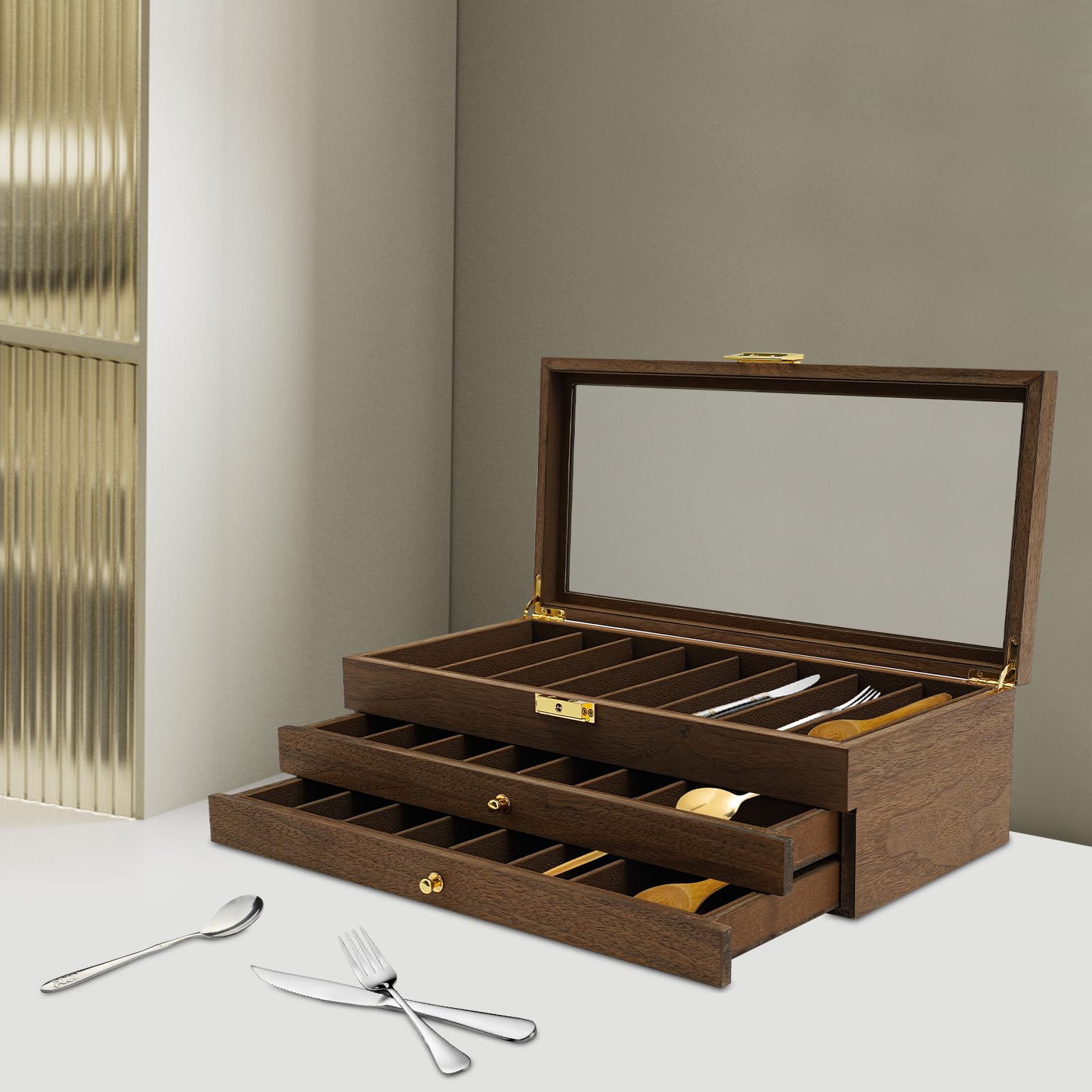 3 Tier Messer Vitrine mit Glasdeckel, 22 Slots EDC Organizer für Taschenmesser, Abschließbare Top Drawer Aufbewahrungsbox, Walnuss Holz Finish Geschenk für Männer