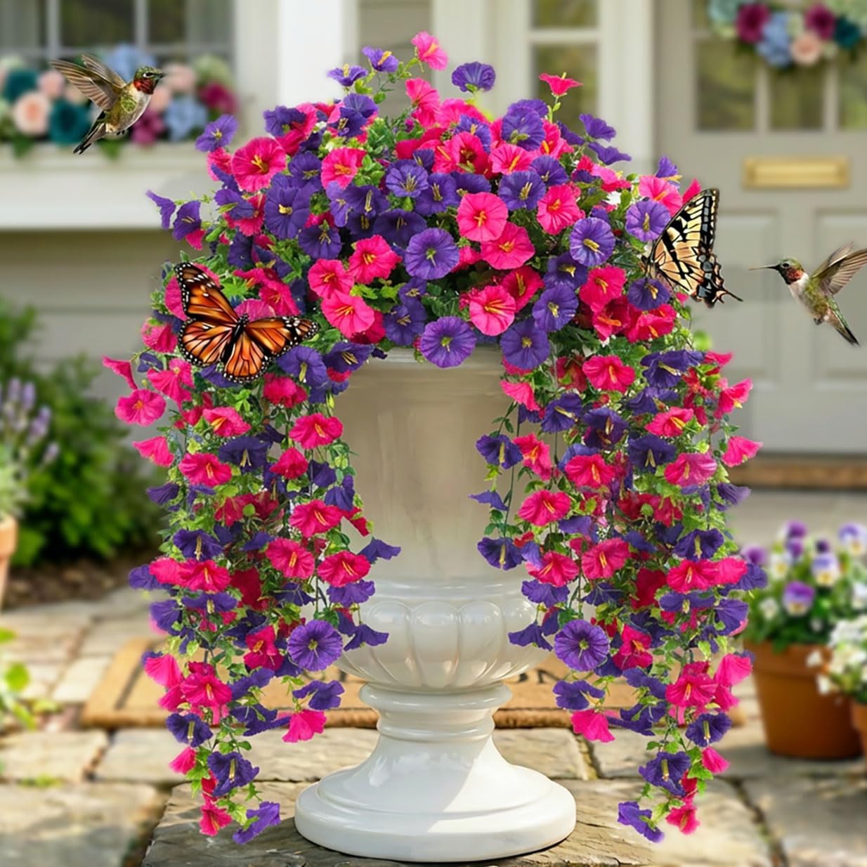 Artificial Hanging Flowers for Outdoors Spring Summer Decor, 4 Bundles UV Resistant Colorful Silk Faux Morning Glory for Outdoor Planters, Garden, Front Porch, Patio, Yard Decor(Yellow Blue Green)