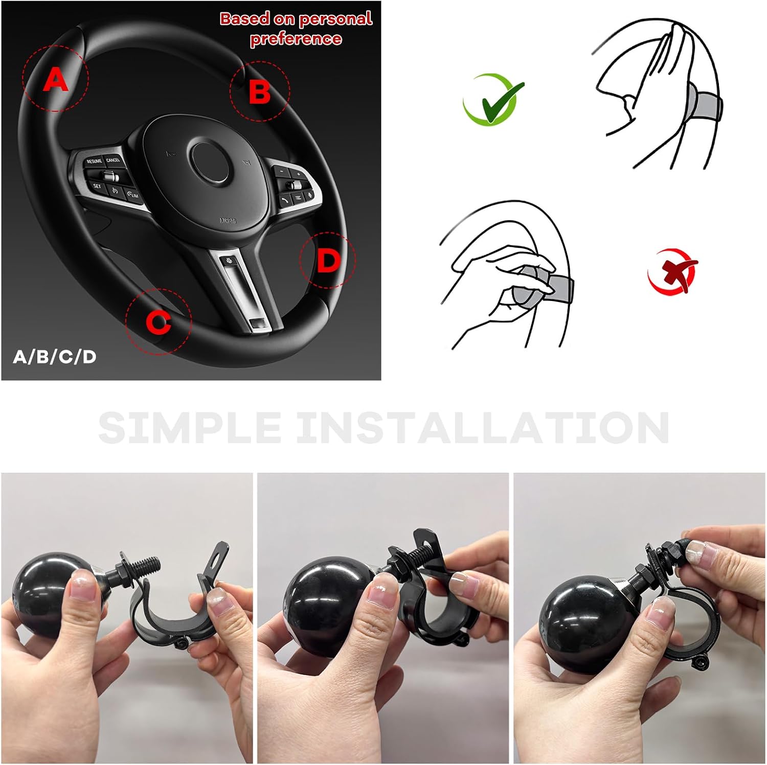 8 Ball Steering Wheel Knob Spinner, Round Auto Steering Wheel Assist Knob for 360 Degree Rotation, Power Handle Spinner Ball Turning Assist for Cars Trucks Tractors