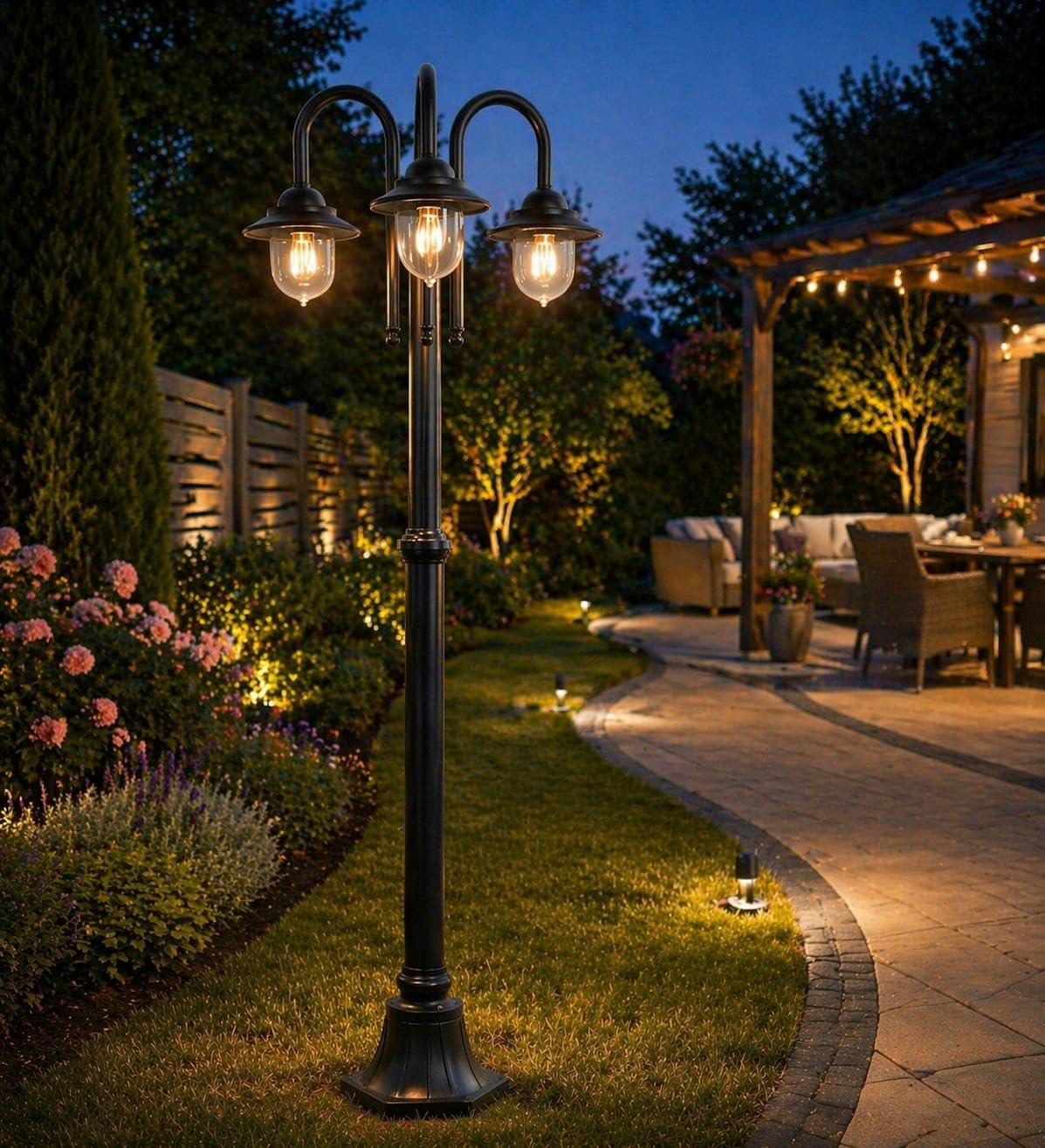 Lampione da Giardino 3 Luci E27 IP54, Lampada da Esterno Stile Classico, Palo Luce per Viale Parco Cortile, Nero/Bianco – PT-03 (NERO)