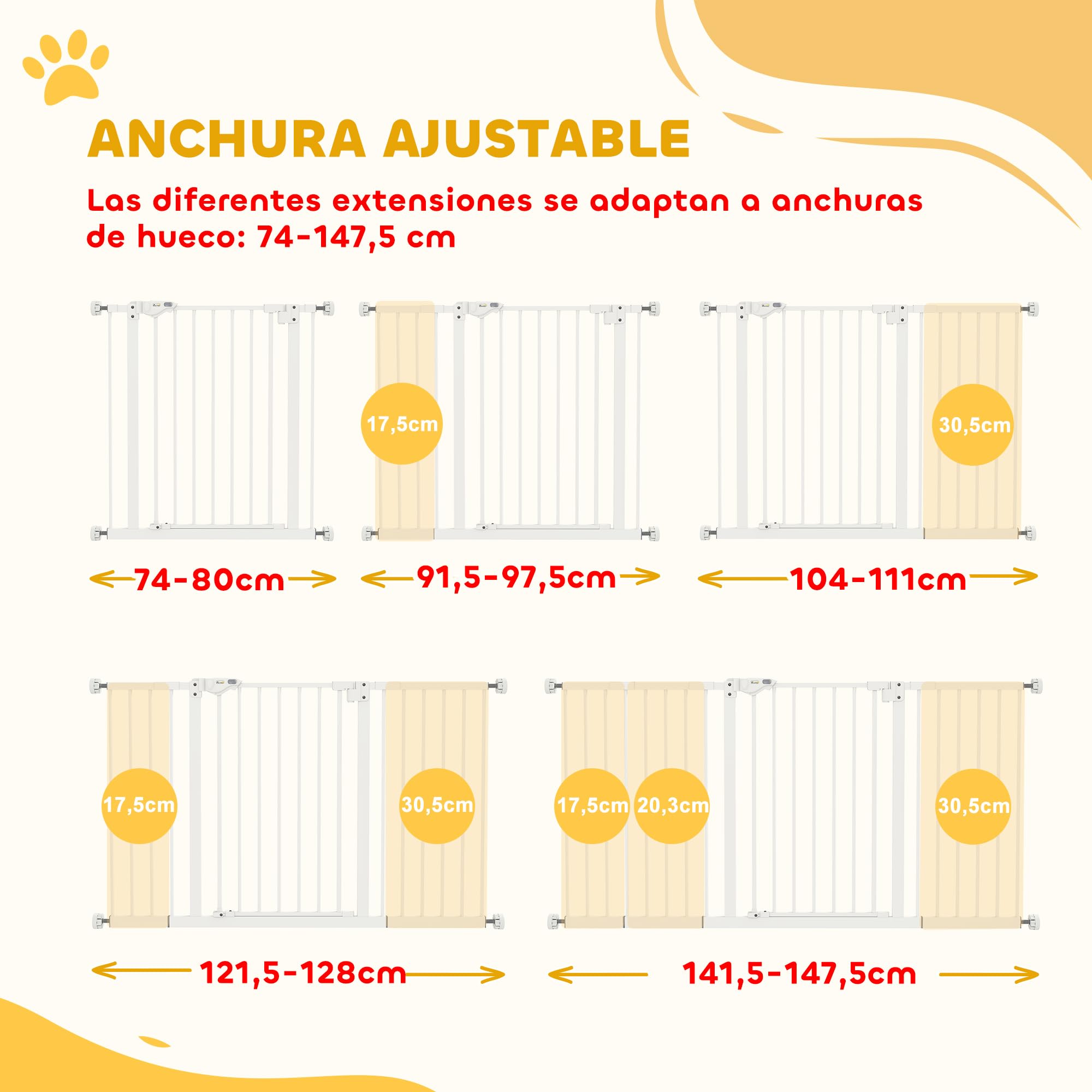 PawHut Barrera de Seguridad para Puertas y Escaleras Barrera para Perros con Cierre Automático y Sistema de Doble Bloqueo Metal 3 Extensiones 17,5/20,3/30,5 cm, 74-147,5x76,2 cm Blanco
