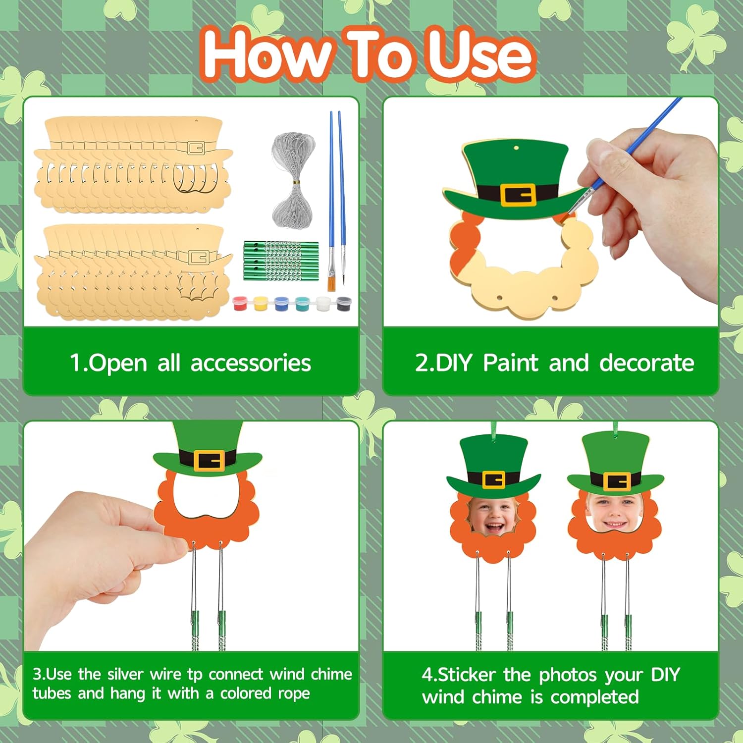Fennoral 24 Pack St Patrick's Picture Frame Wind Chime Craft Kit for Kids Make You Own Patrick's Day Craft Kit Wooden DIY Coloring Art and Craft for Irish Classroom Art Activity Patrick's Decoration