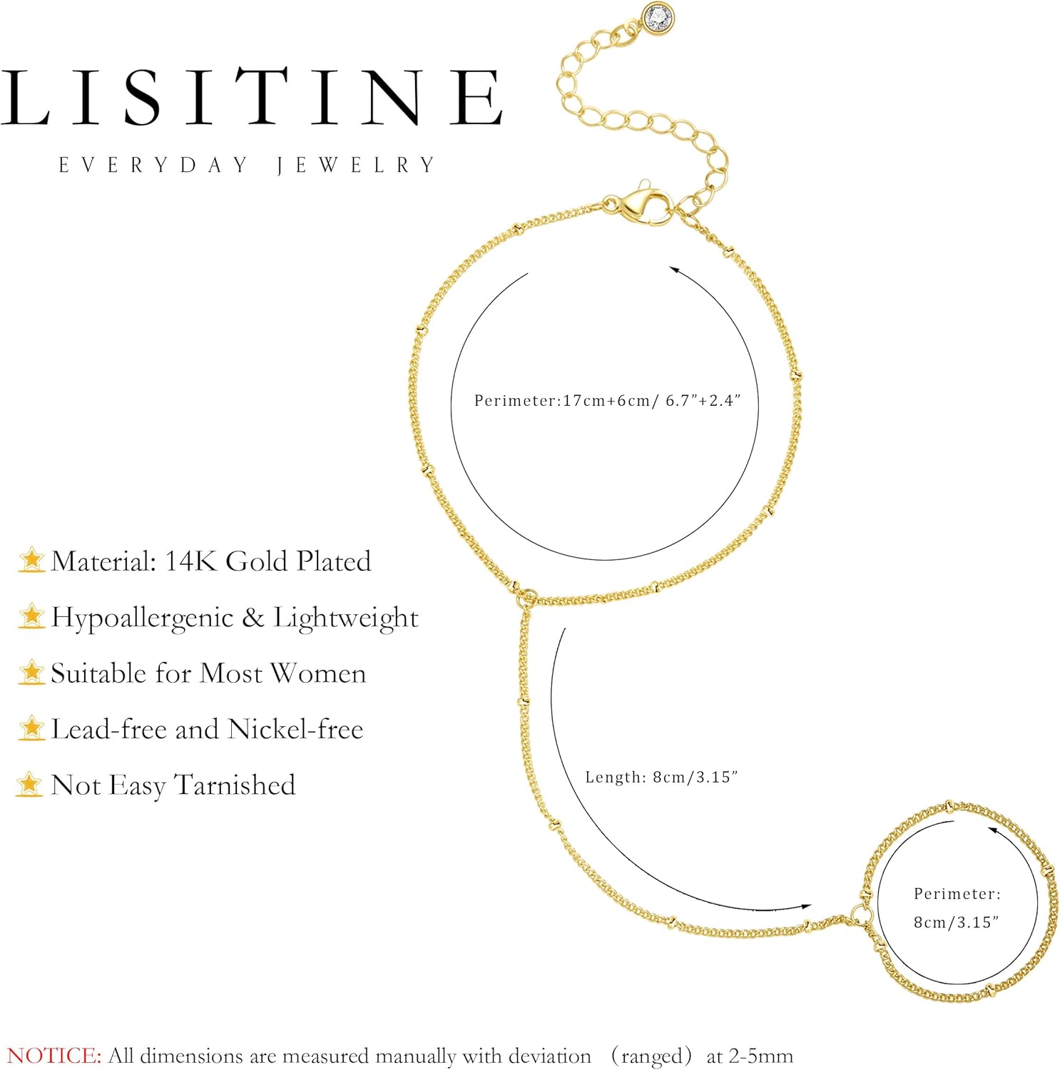 Listine Hand Chain Bracelet 14K Gold Plated Ring Bracelet Hand Chain Trendy Stuff for Women Dainty Hand Bracelets with Finger Ring Hand Jewelry for Women - Image 4