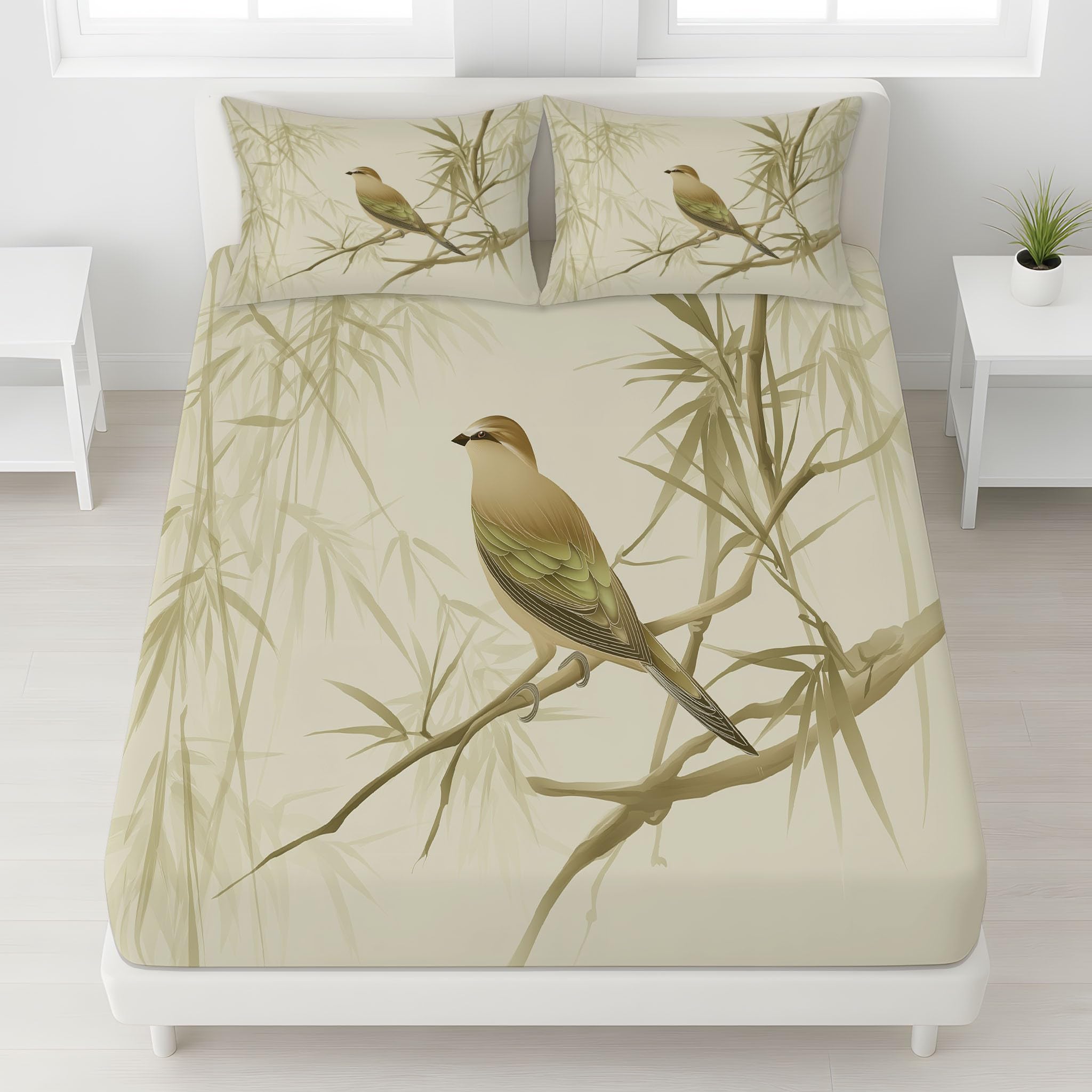 135x190x30 Sabanas Bambú Pájaros Pintura China Lavable en frío Tradicional Cultural Oriental Sabanas Bajeras Completamente Elásticas Natural Tranquilo Fácil de cuidar Sabanas para Niñas & Niños Claro