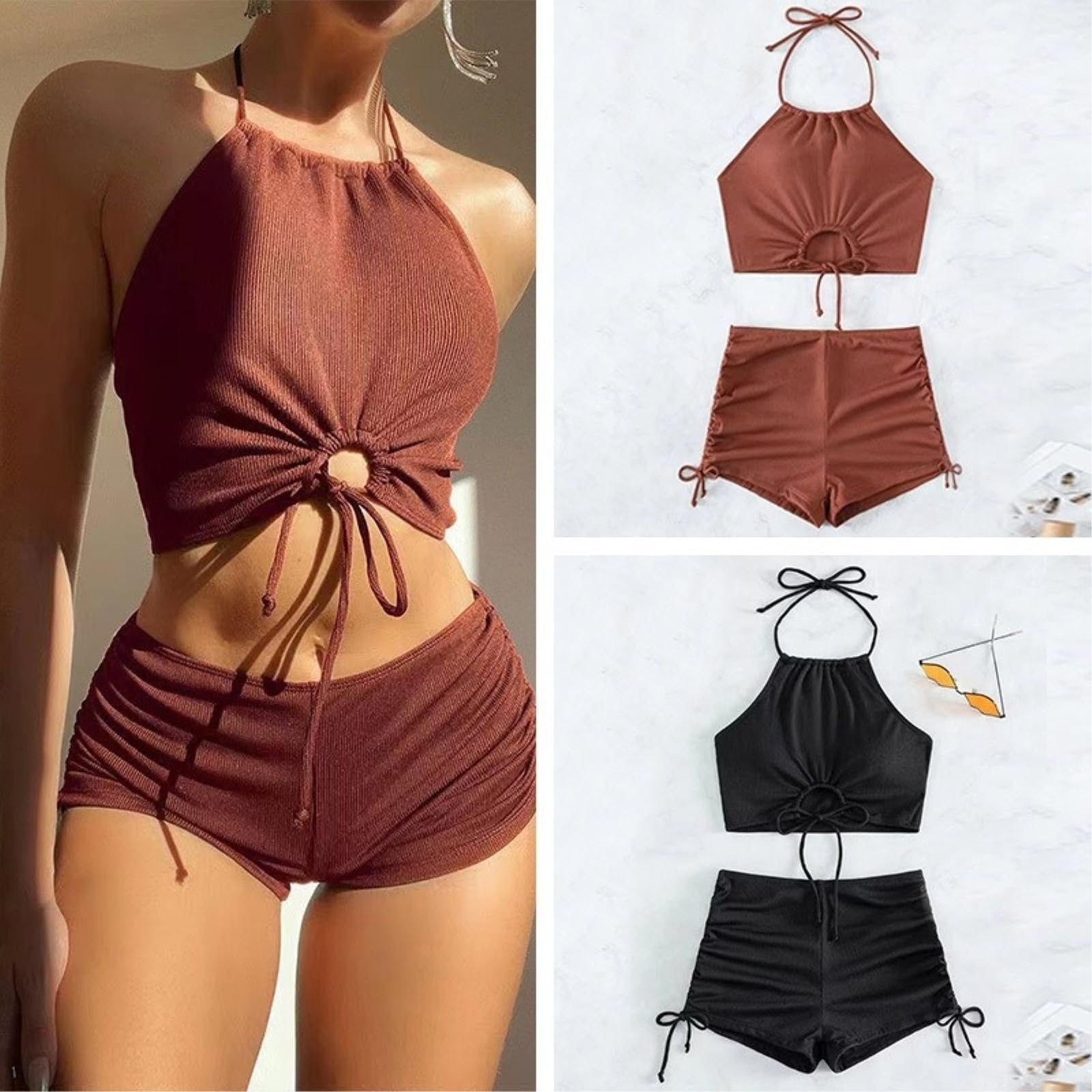 Bikini Mujer Mujeres Color Halter Cuello Conjunto De Dos Piezas Traje Baño Ropa Playa-Black-m