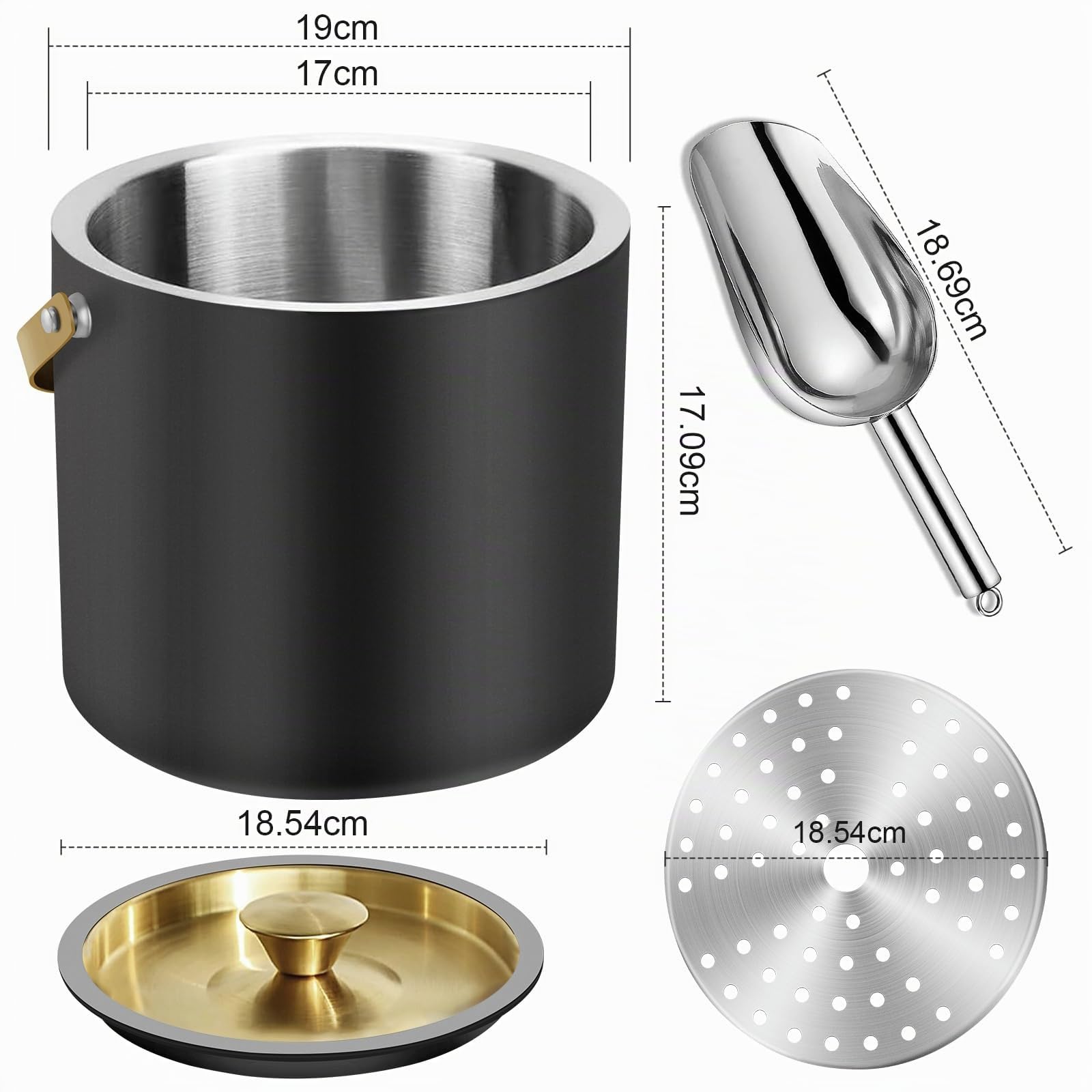 3.2L Seau à Glace Isotherme Moderne avec Couvercle en Silicone, Pelle, Passoire, Seau à Glace en Acier Inoxydable à Double Paroi pour Fêtes et Bar à Cocktails, Idéal pour Cadeau(Noir)