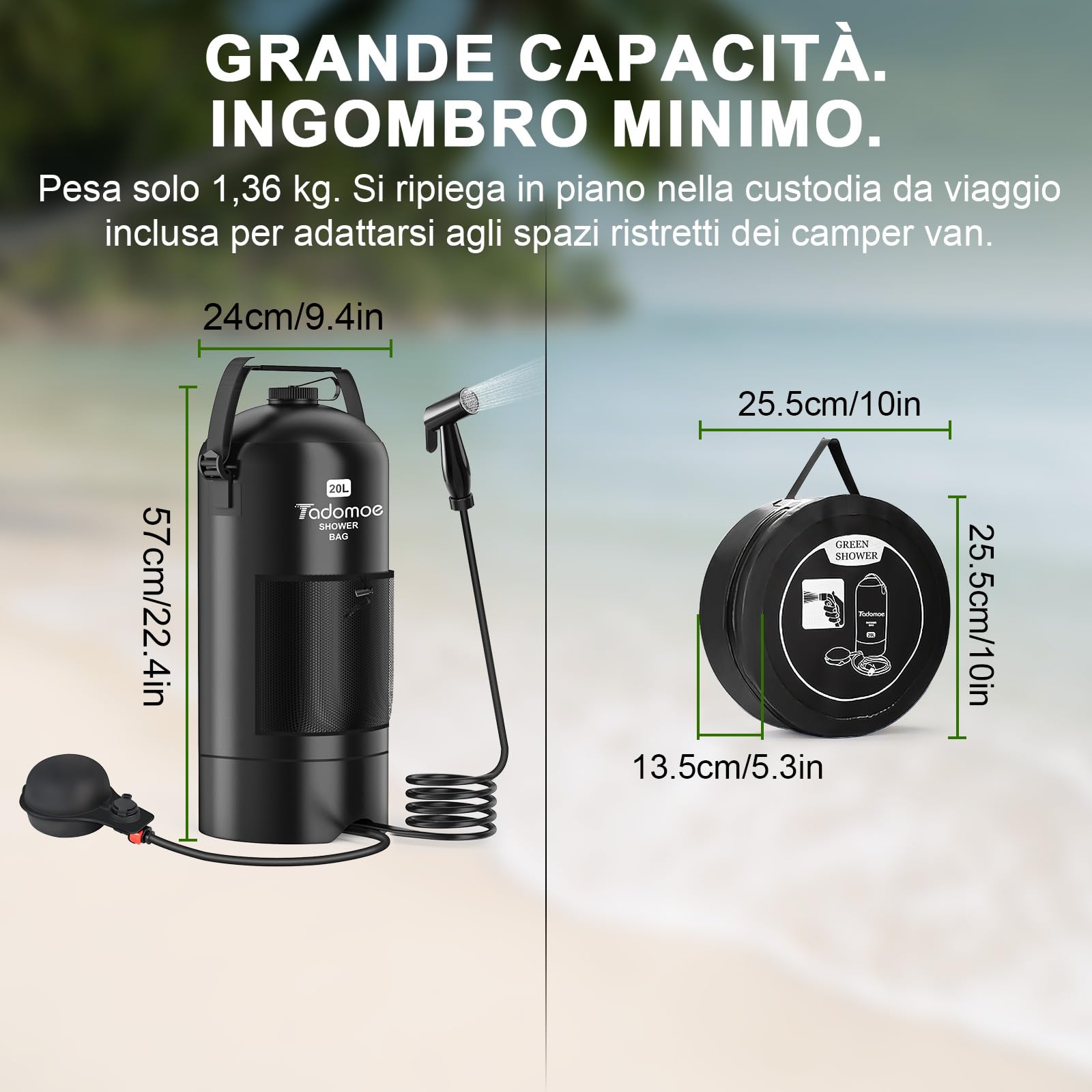 20L Doccia da Campeggio con Pompa a Pedale e Tubo da 2m, Doccia Portatile Solare Borsa con Borsa di Trasporto e Soffione - Doccia Mobile per Camping, Spiaggia, Cani e Giardino