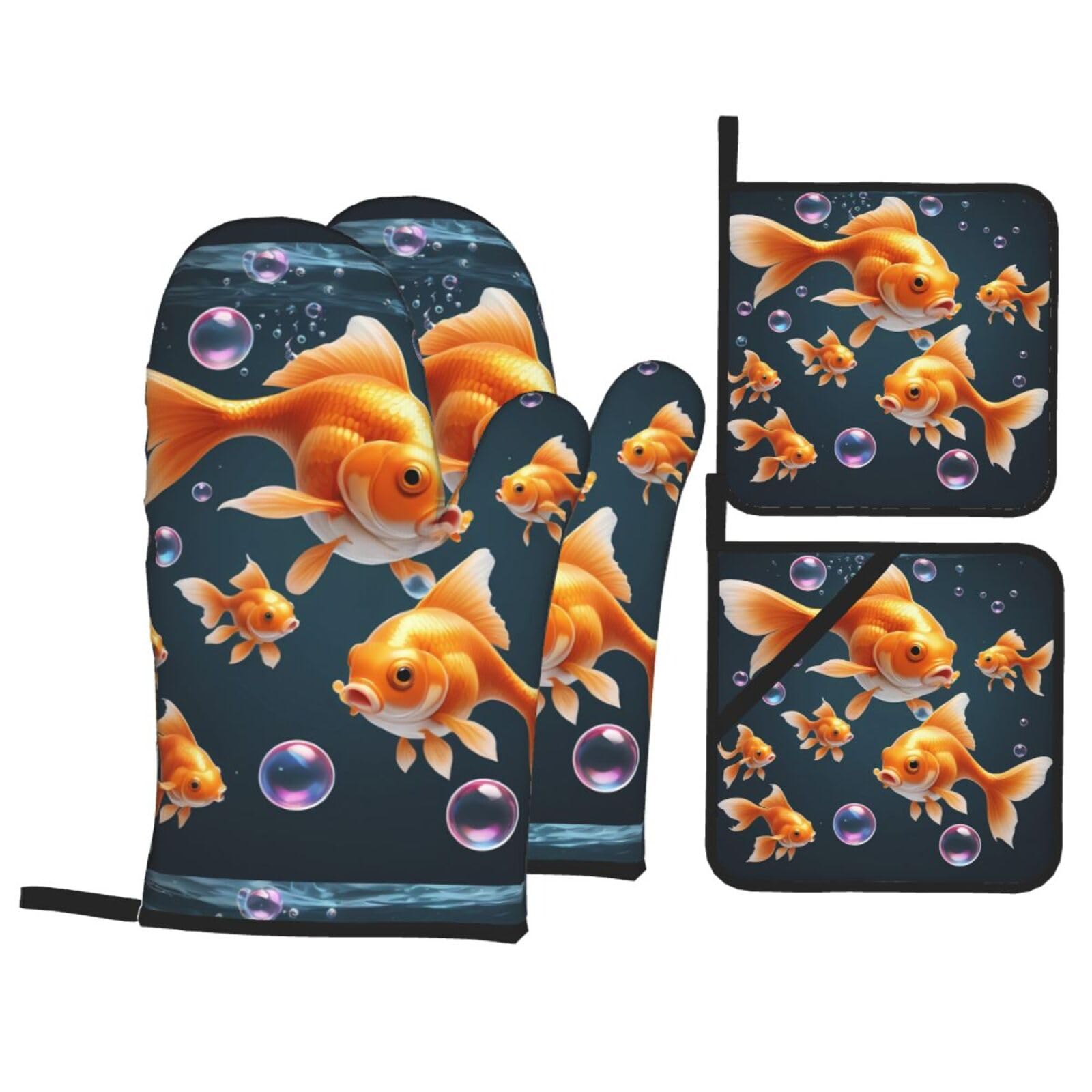 HJFCZH Goldfish Blowing Bubbles Picture Kitchen Baking Set of 4 Thick Insulated Oven Mitt & Pot Holders, Anti-Scalding for Microwave, Oven, Outdoor BBQ