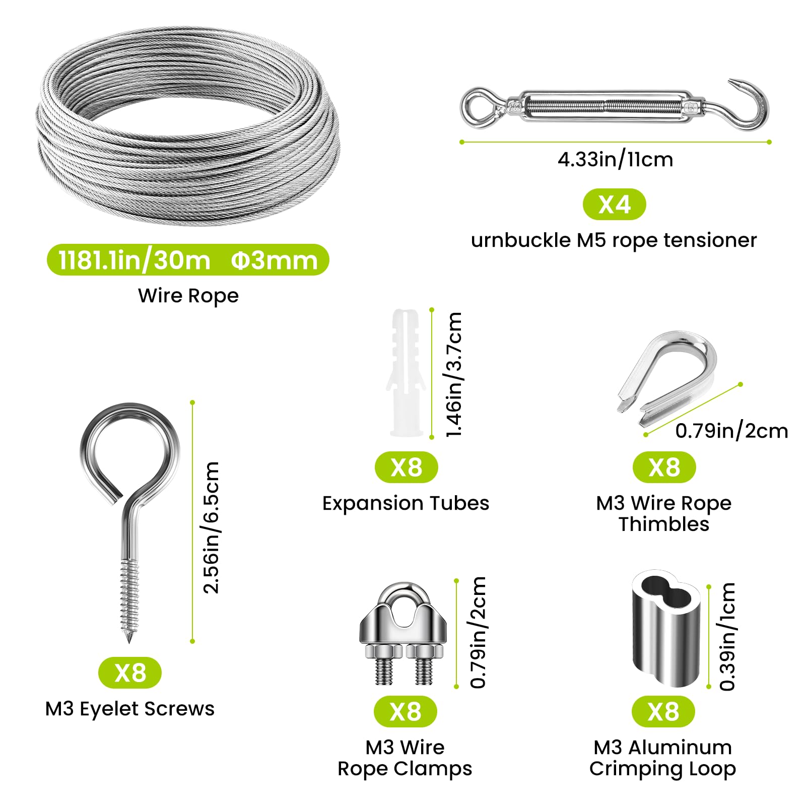 Zorplex 30M Cavo in Acciaio Inox Kit, 3mm Fune Acciaio in PVC Rivestito con Tenditore M5, Fune Metallica Resistente per Piante Rampicanti, Stendibiancheria, Illuminazione Esterna e Progetti da Giardi