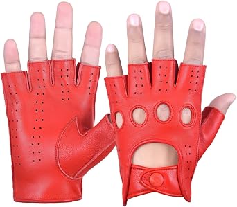 DRIVING GLOVES HALF FINGER FINGERLESS KNUCKLE HOLES FOR MEN GENUINE LEATHER Medium, Red