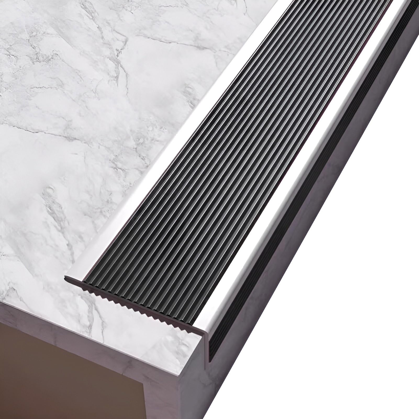 Protector de borde de escalera autoadhesivo en forma de L de 10 m, tira antideslizante para peldaños interiores y exteriores, color negro, borde de seguridad para escaleras
