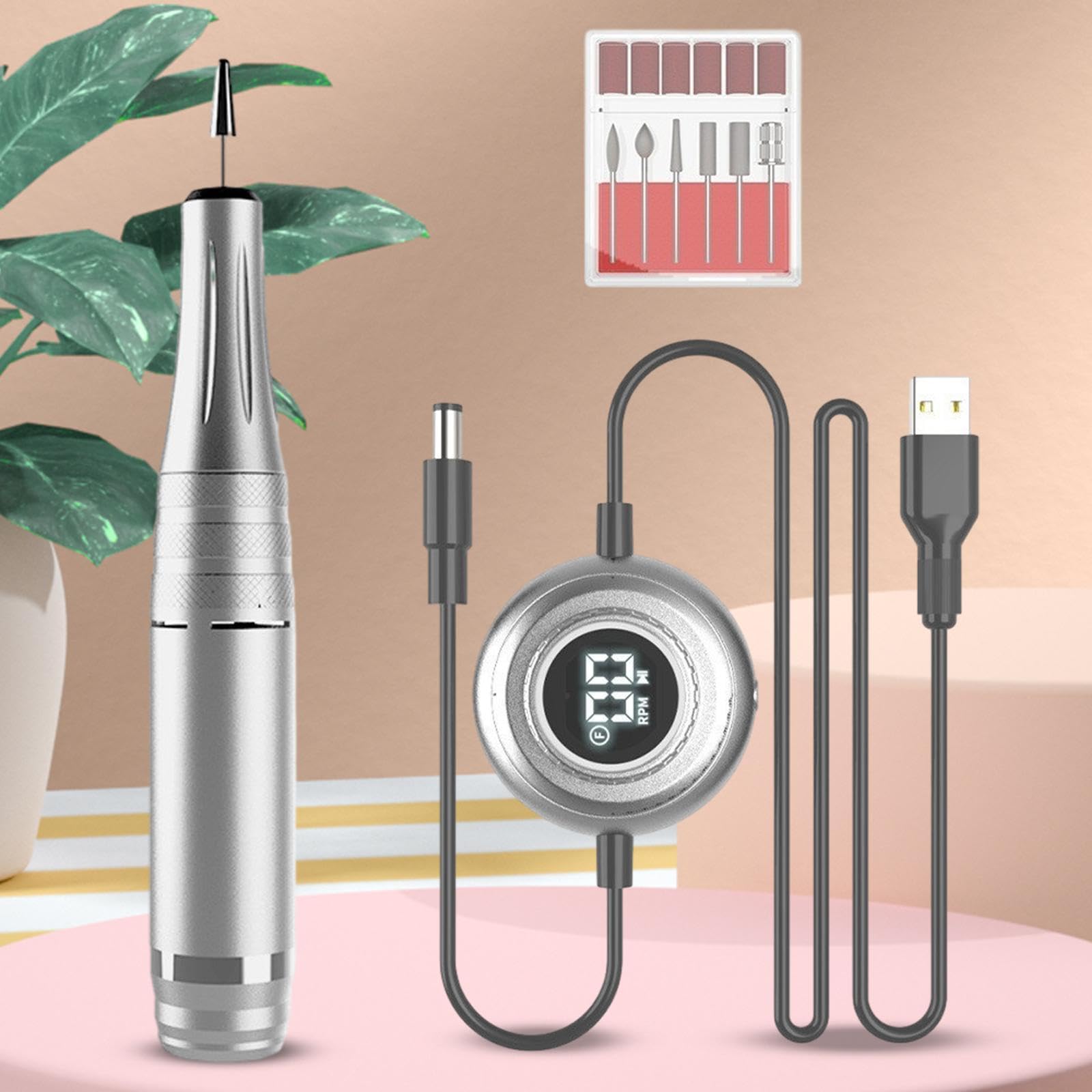 Lima de Uñas Eléctrica Máquina Pulidora Portátil Recargable con Pantalla Controlador USB Conjunto de 6 Brocas 6 Bandas Lijadoras Adecuada, Plata
