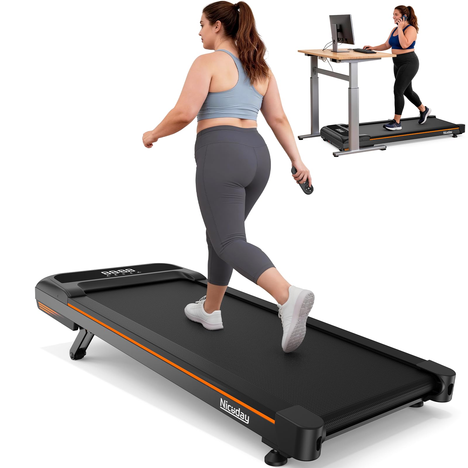 Niceday Walking Pad Treadmill with 10% Auto Incline, 400lbs Capacity, Under Desk Treadmill for Home Office, 3HP Super Quiet, Magnetic Remote & Preset Goals Black-Orange